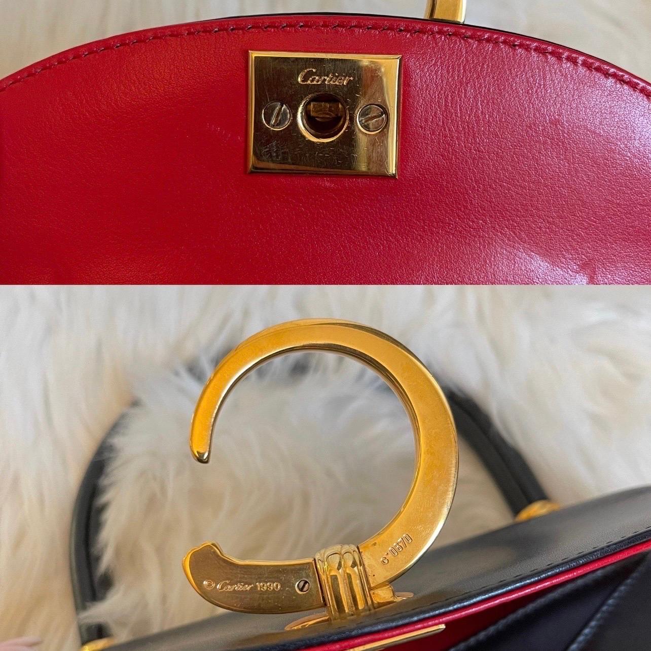 Women's or Men's Vintage 90s Cartier Panthère Top Handle Bag in Black with Red Interior Lining 