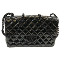 Chanel 28cm Black Quilted Patent Leather " CC" Turn Lock Shoulder Flap Bag 