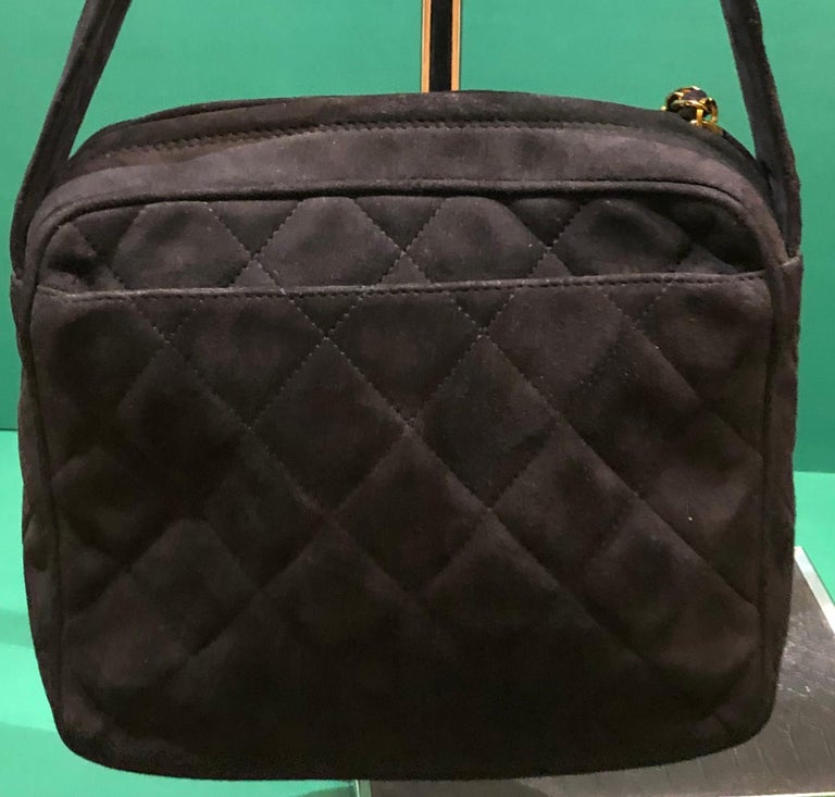 Vintage 90s Chanel Black Quilted Suede Handle Handbag  In Excellent Condition For Sale In Sheung Wan, HK