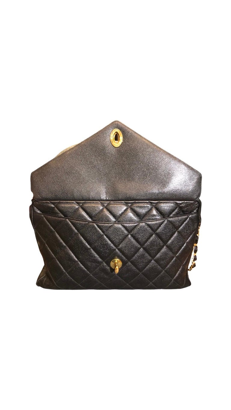 Brown Vintage 90s Chanel Caviar Black Quilted Maxi Jumbo Envelope Flap Shoulder Bag  For Sale