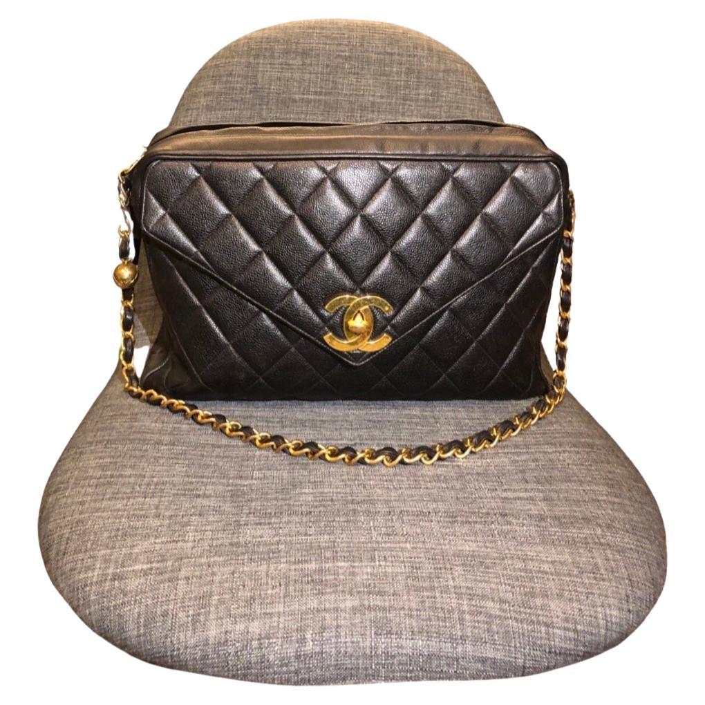 Vintage 90s Chanel Caviar Black Quilted Maxi Jumbo Envelope Flap Shoulder Bag  For Sale