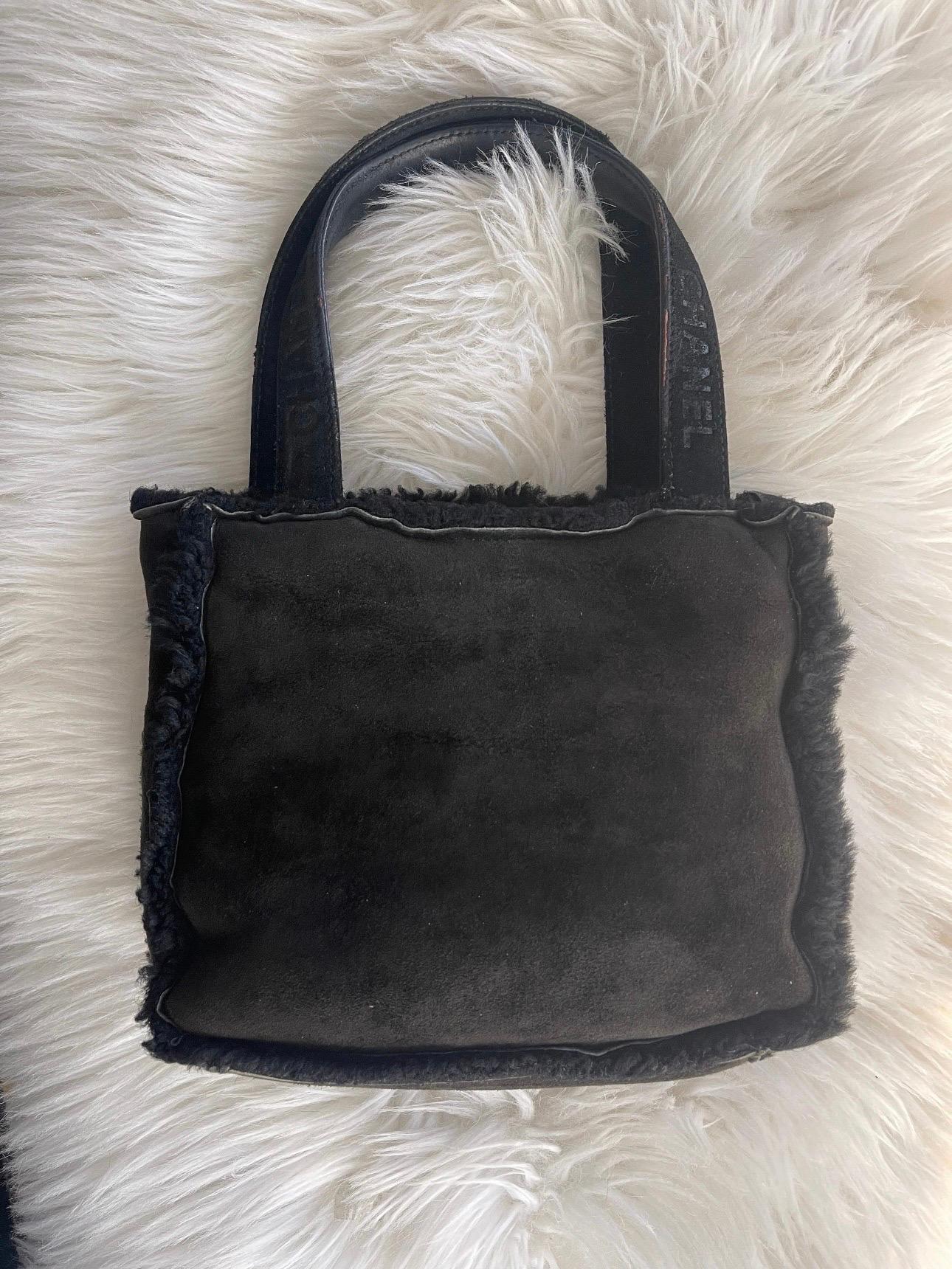 Vintage 90s Chanel Suede with Fur Trim Handbag Top Handle Satchel Flap Bag Purse In Good Condition For Sale In Malibu, CA