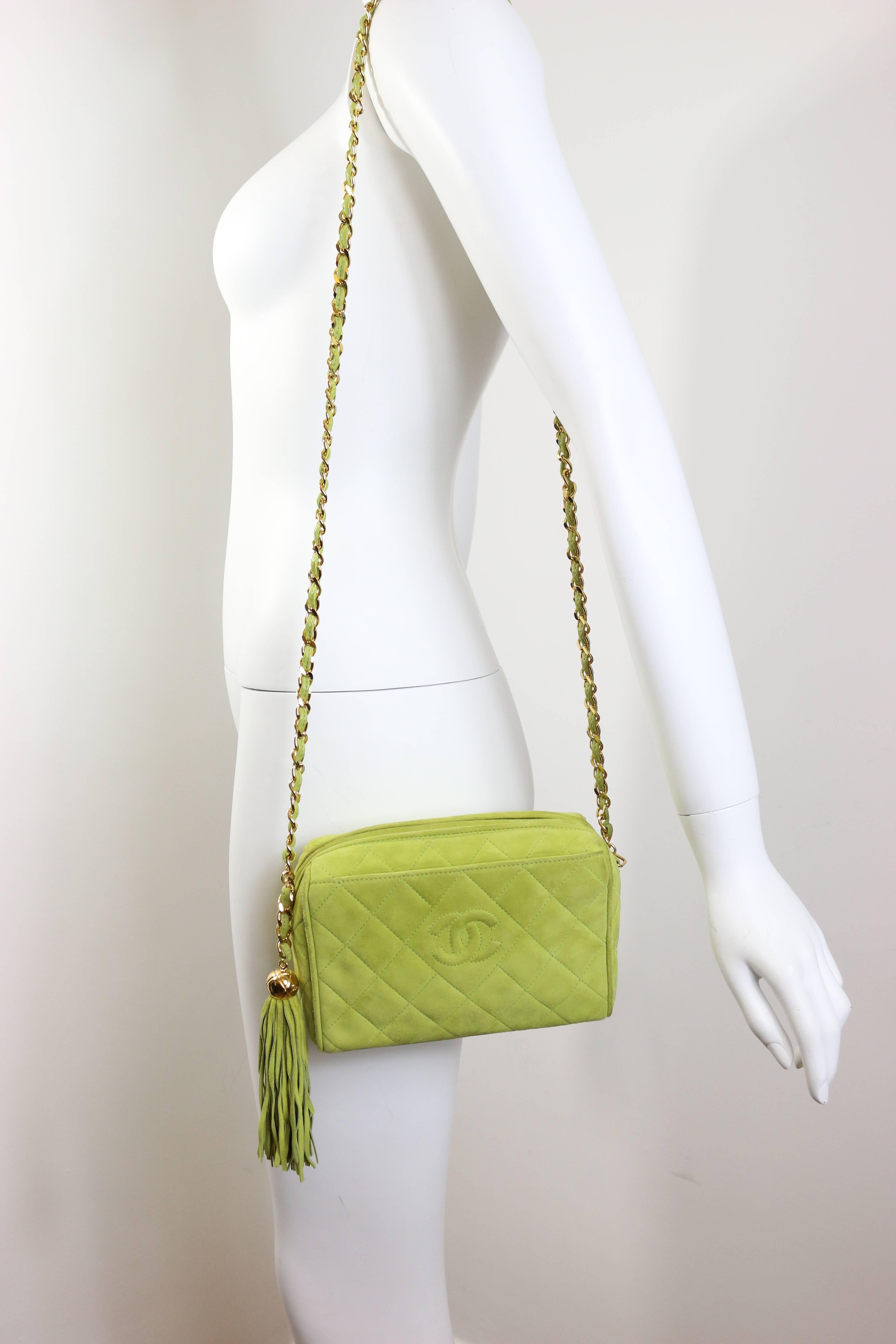 Vintage 90s Chanel Vintage Apple Green Quilted Suede Small Camera Tassel Bag  In Good Condition For Sale In Sheung Wan, HK