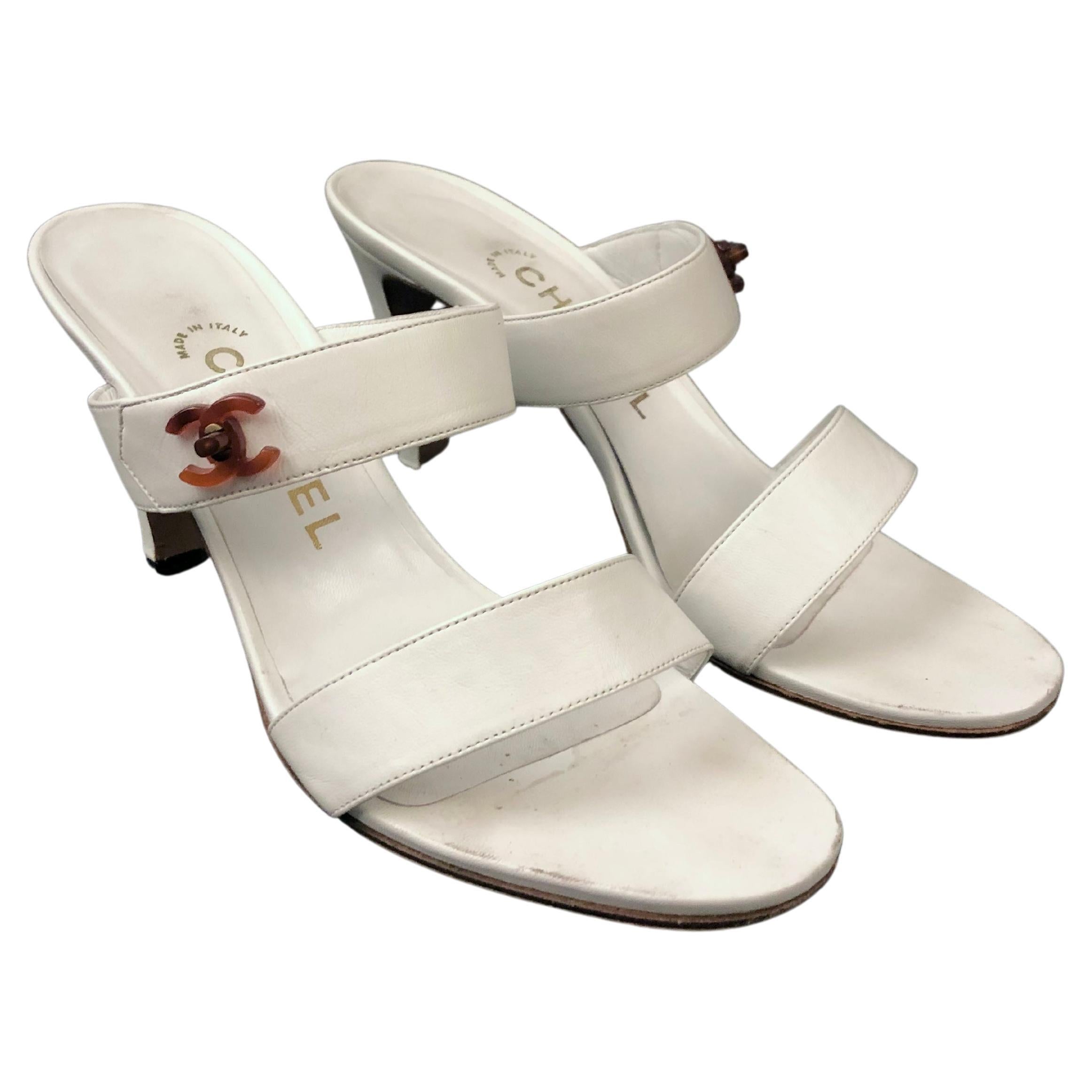 Vintage 90s Chanel White Lambskin CC Tortoiseshell Sandal Heels 