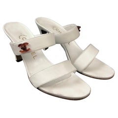 Vintage 90s Chanel White Lambskin CC Tortoiseshell Sandal Heels 