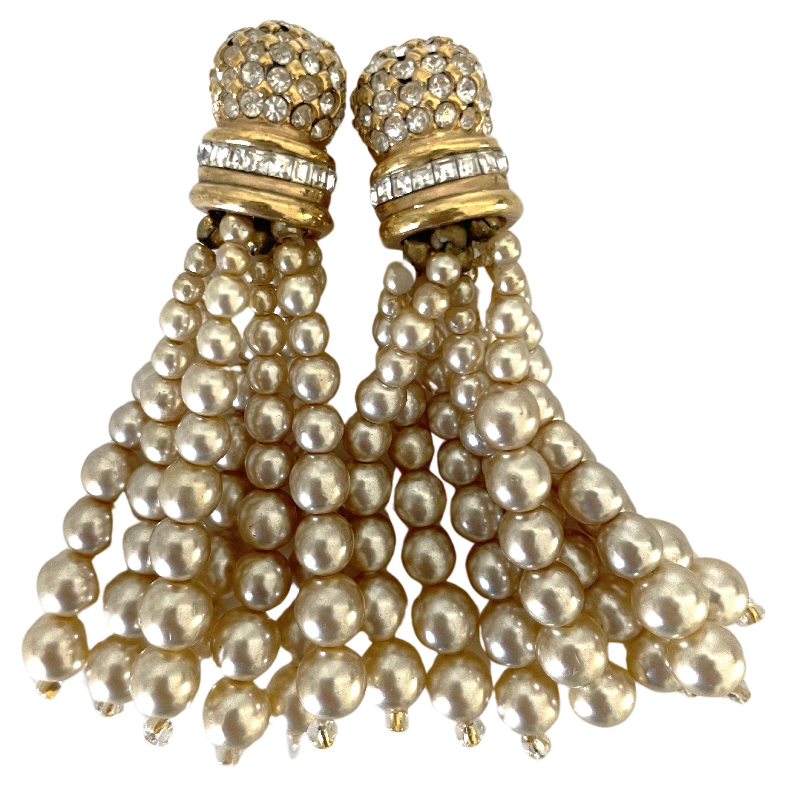 Vintage 90s Ohrringe Clip-on Gold-Ton, Strass und Perlen im Angebot