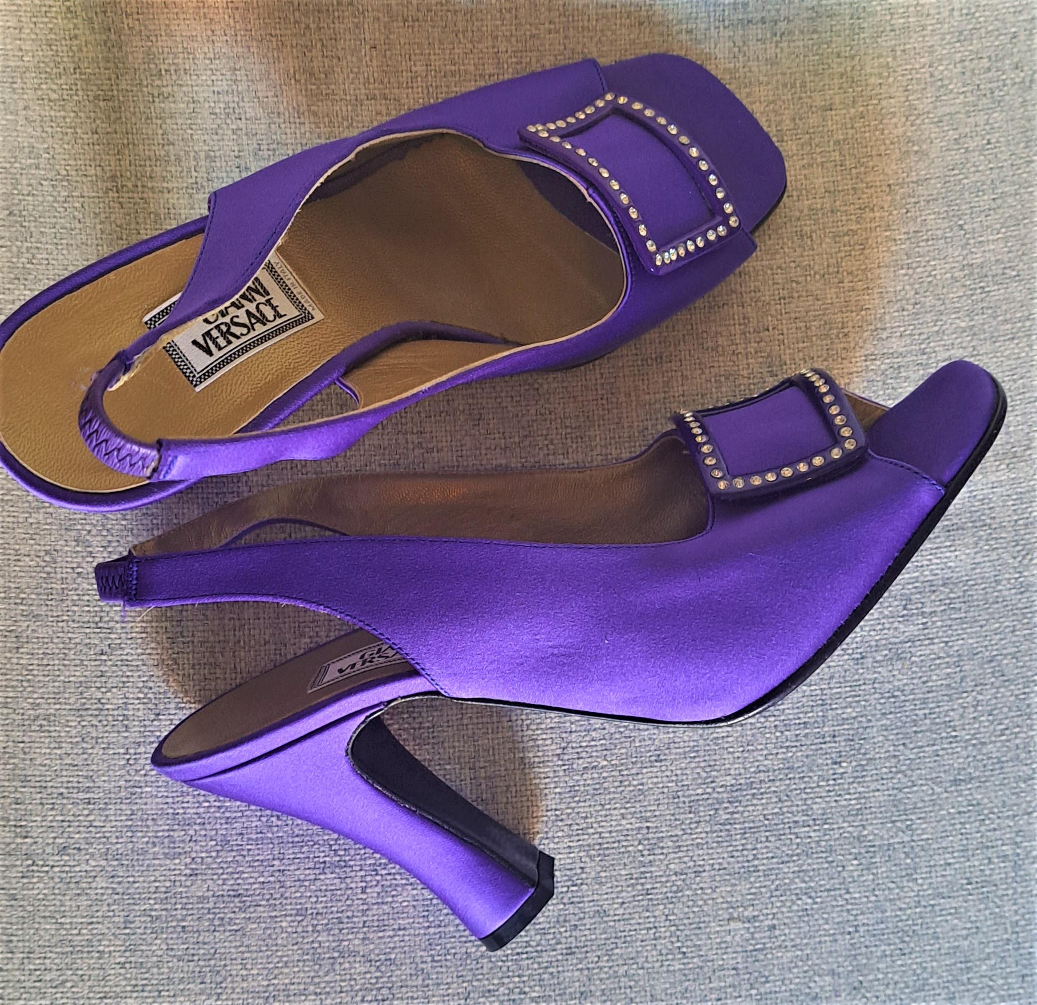 Vintage 90s Gianni Versace Purple Satin Open Toe Slingback with Rhinestones 1