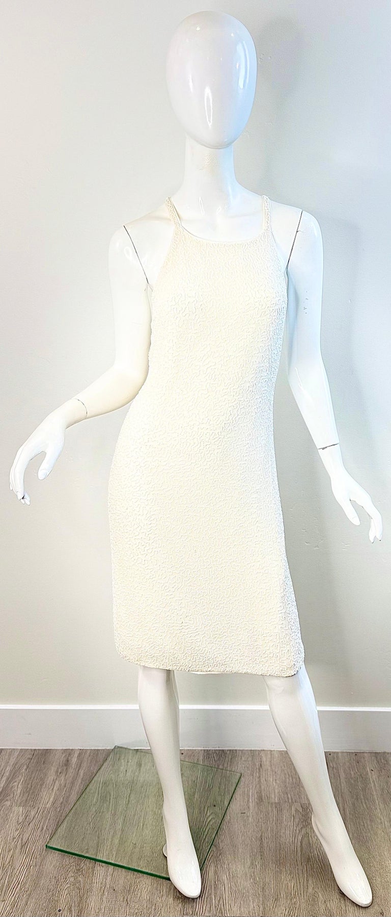 Vintage 90s Giorgio Armani Collezioni Size 6 White Glass Beaded Cocktail  Dress at 1stDibs