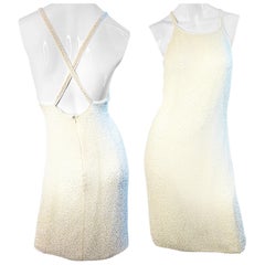 Vintage 90s Giorgio Armani Collezioni Size 6 White Glass Beaded Cocktail Dress