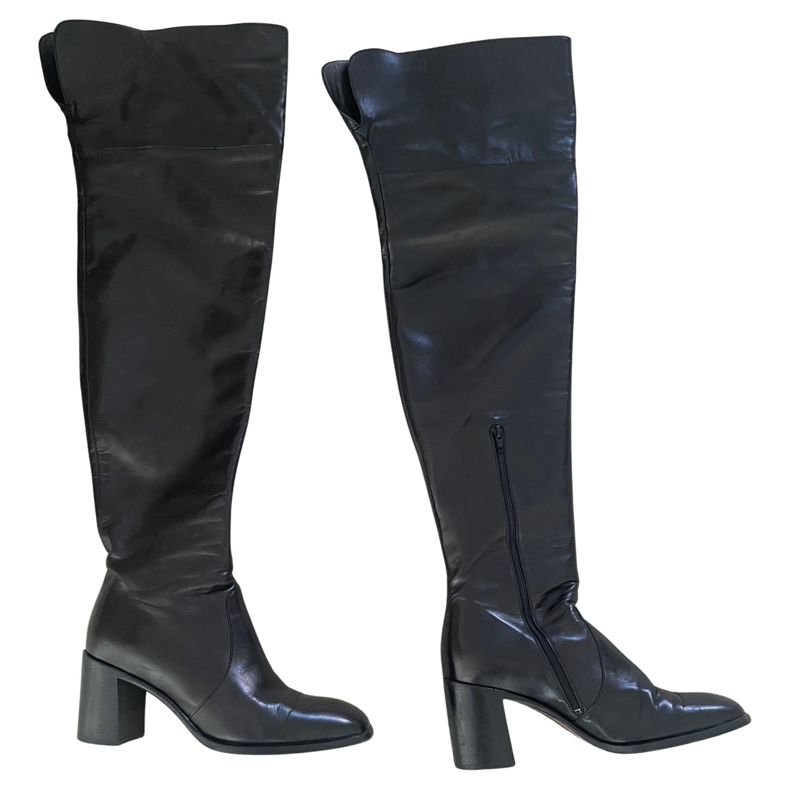 Vintage 90s I Cavallin Over the Knee Leather Black Boots size IT 40 For Sale