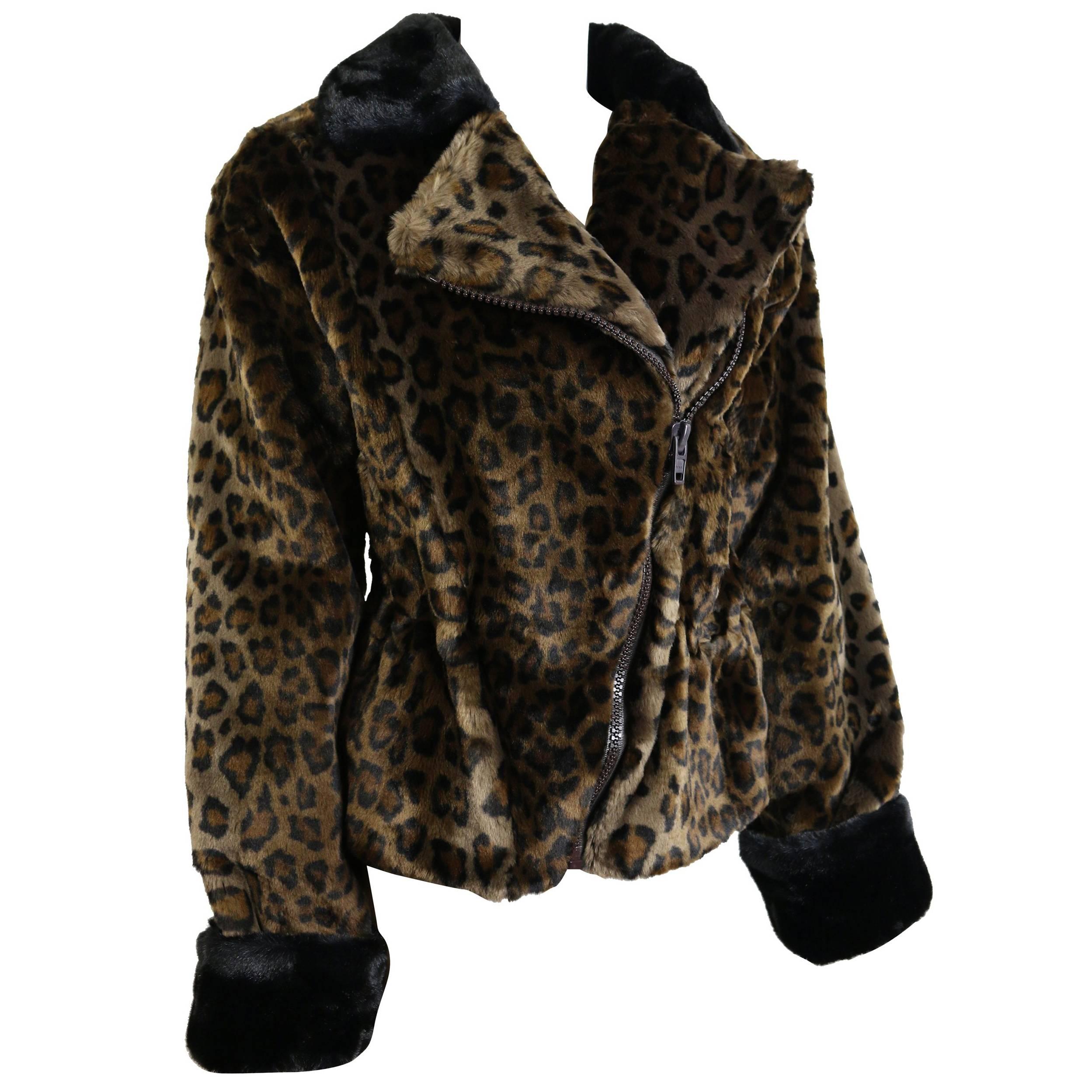 Vintage 90s Nina Ricci Animal Leopard-Print Faux Fur Coat For Sale