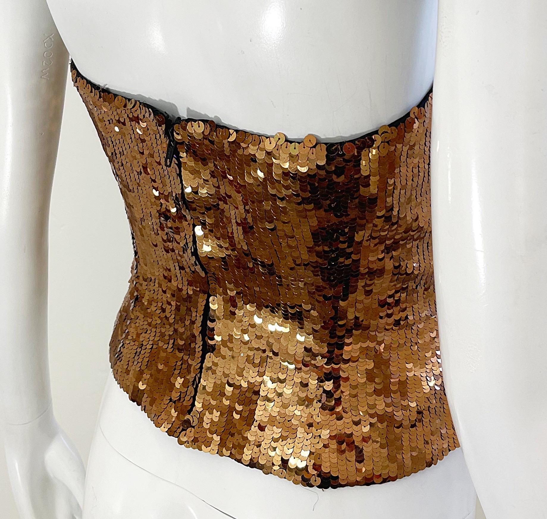 Vintage 90s Oleg Cassini Size 8 / 10 Bronze Sequined Strapless 1990s Bustier Top For Sale 2