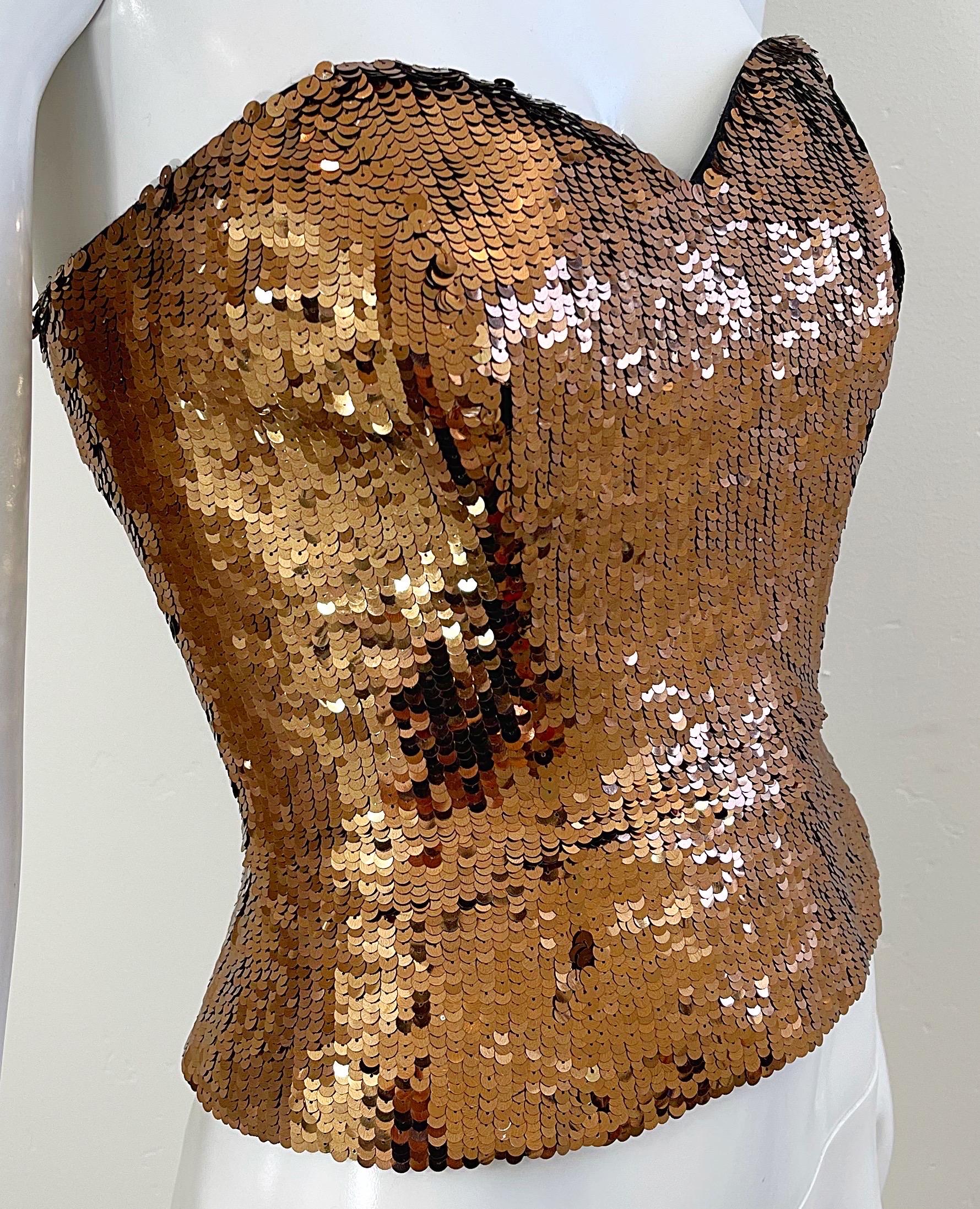 Vintage 90s Oleg Cassini Size 8 / 10 Bronze Sequined Strapless 1990s Bustier Top For Sale 3