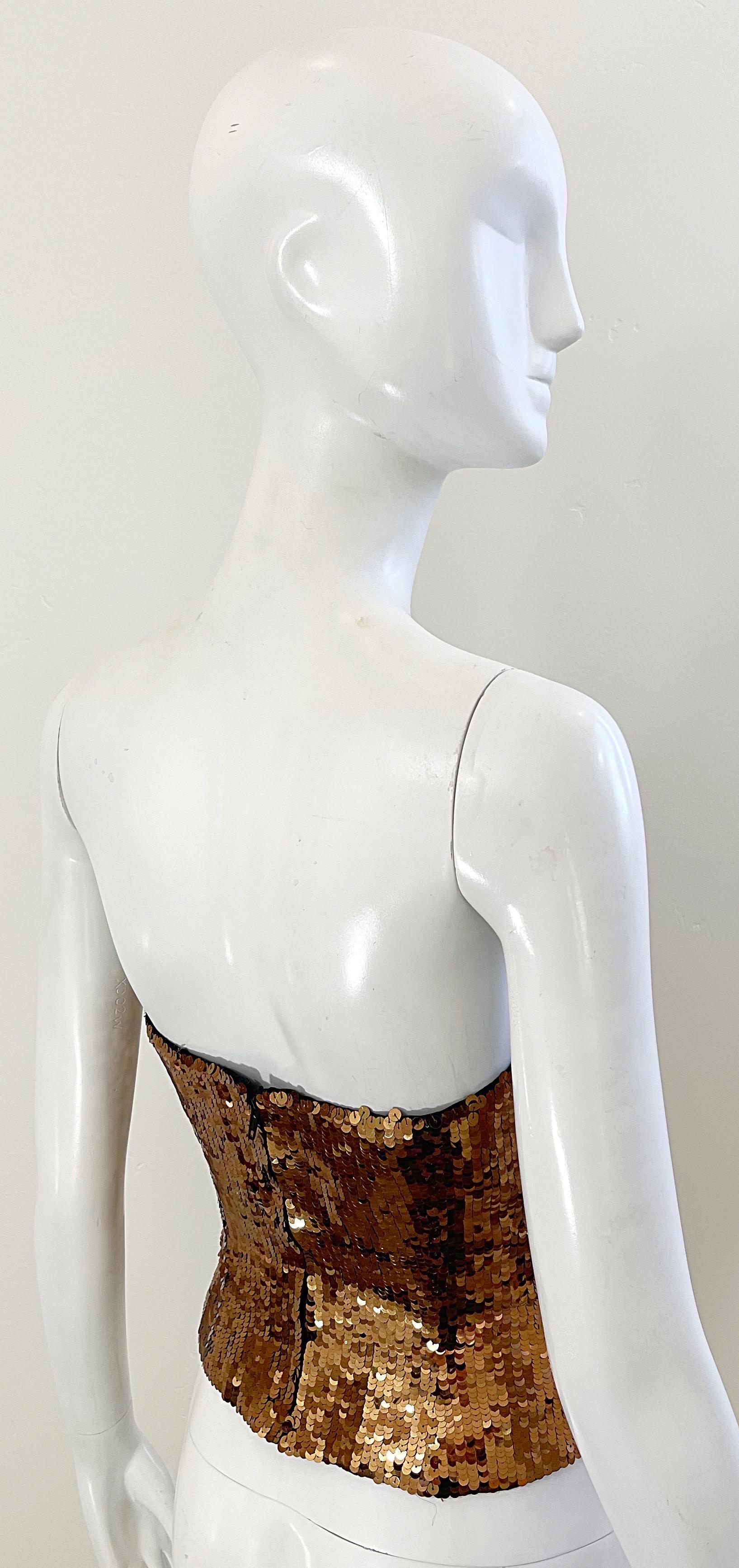 Brown Vintage 90s Oleg Cassini Size 8 / 10 Bronze Sequined Strapless 1990s Bustier Top For Sale