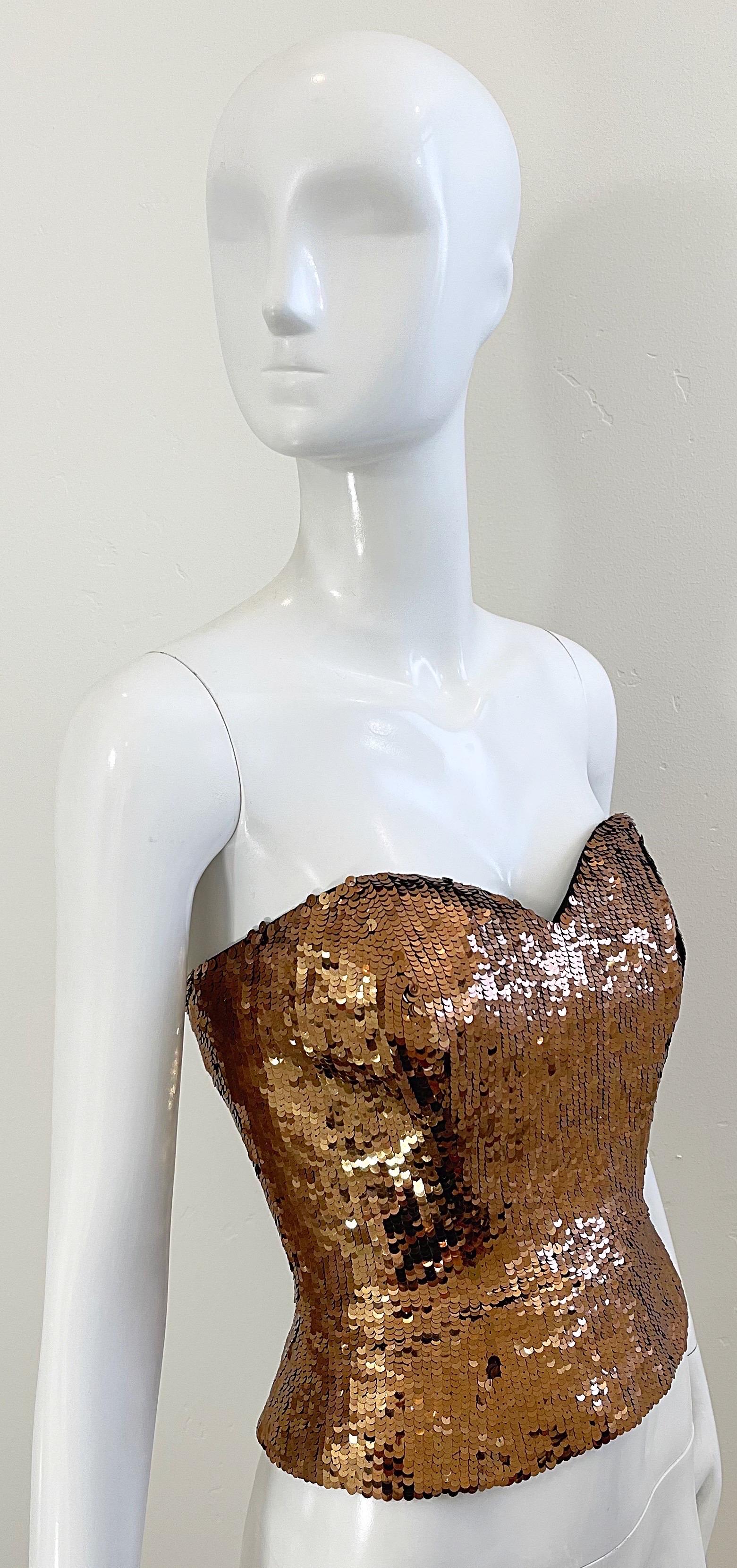 Vintage 90s Oleg Cassini Size 8 / 10 Bronze Sequined Strapless 1990s Bustier Top In Excellent Condition For Sale In San Diego, CA