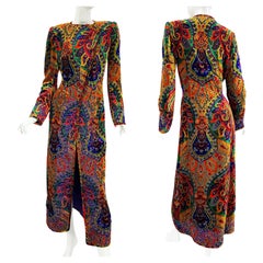 Vintage 90's Oscar de la Renta Devoré Velvet  Embroidered Print Long Coat US 6