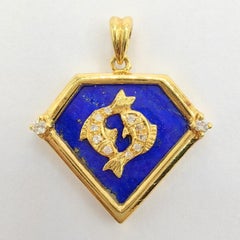 Ciondolo per collana in oro giallo 20 carati con diamante e lapis blu dei Pesci, vintage anni '90