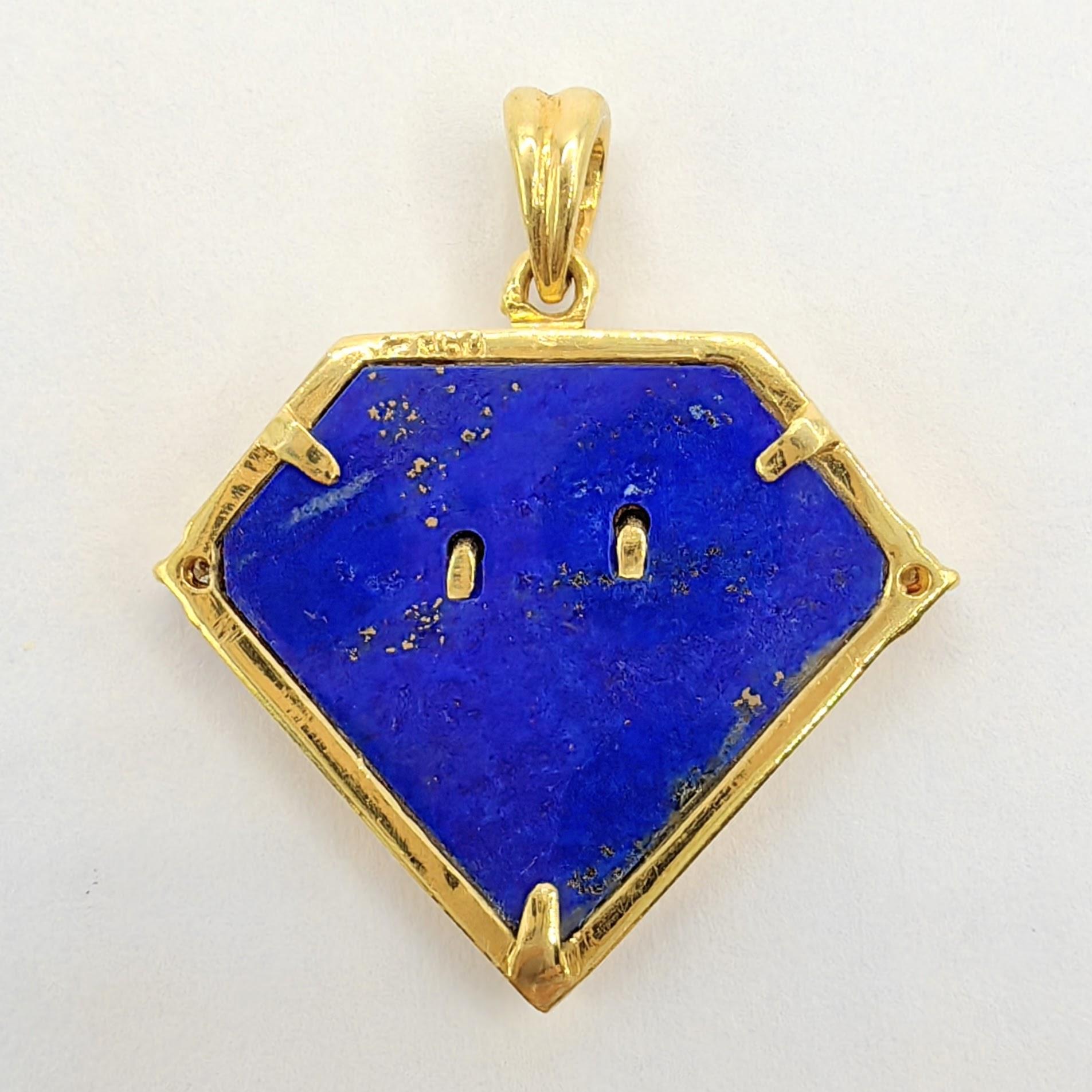 Contemporary Vintage 90's Pisces Blue Lapis Diamond Necklace Pendant in 20K Yellow Gold