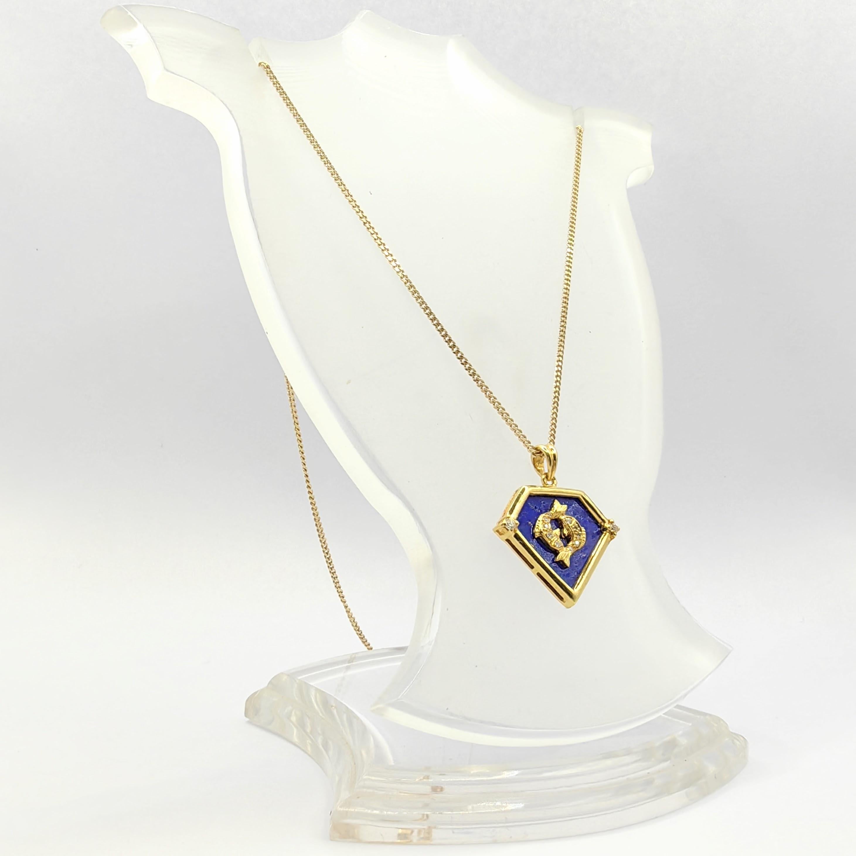 Vintage 90's Pisces Blue Lapis Diamond Necklace Pendant in 20K Yellow Gold 1