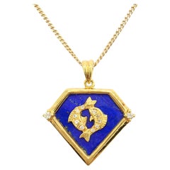 Retro 90's Pisces Blue Lapis Diamond Necklace Pendant in 20K Yellow Gold