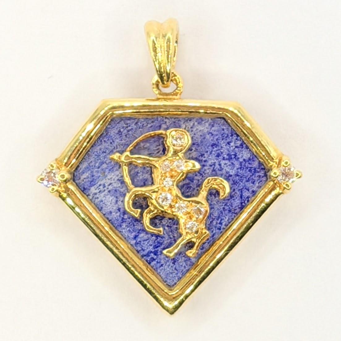 Introducing the Vintage 90's Sagittarius Blue Lapis Diamond Necklace Pendant in 20K Yellow Gold. This pendant is a true embodiment of celestial beauty and timeless elegance.

At the heart of this pendant lies a beautifully crafted Sagittarius zodiac