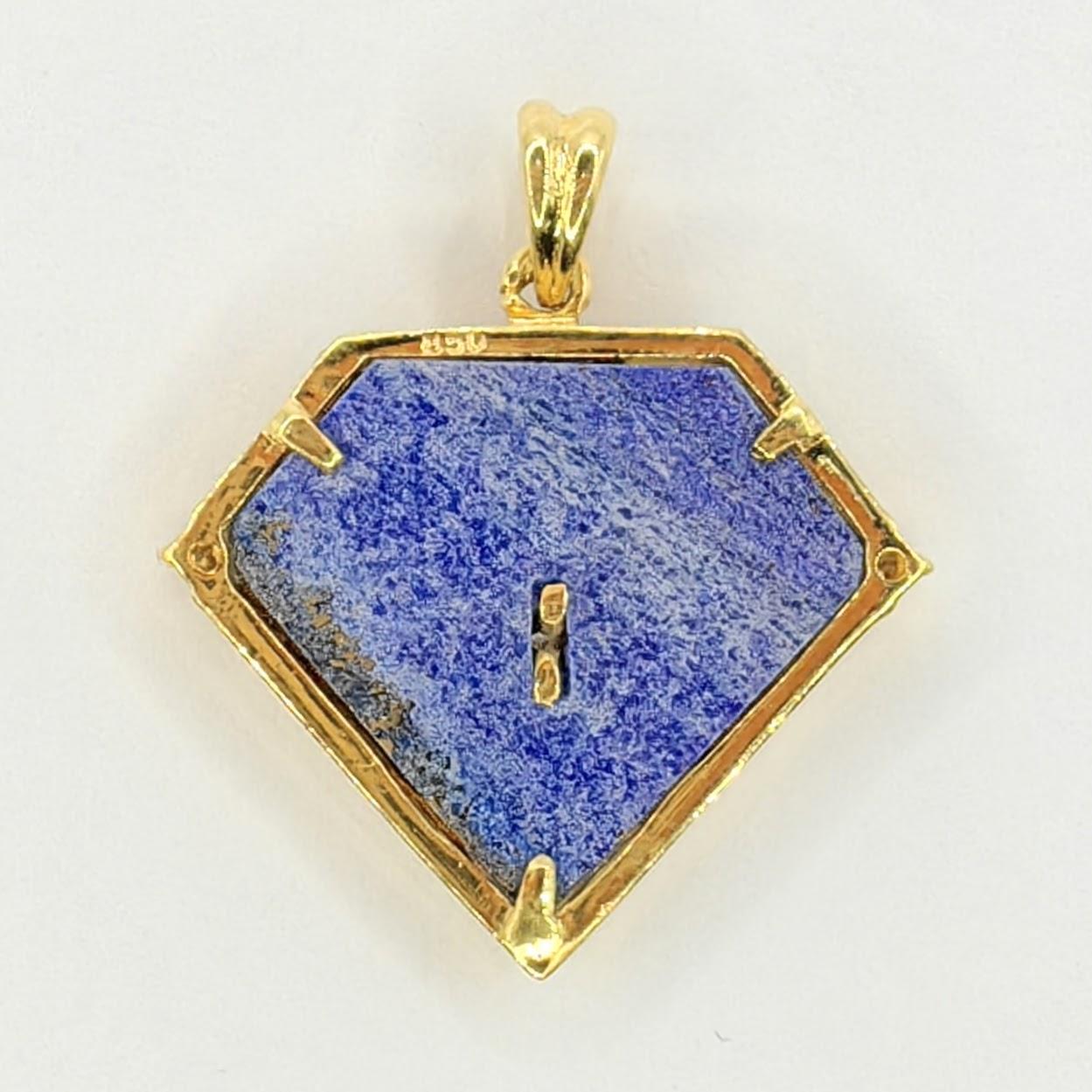 Contemporary Vintage 90's Sagittarius Blue Lapis Diamond Necklace Pendant in 20K Yellow Gold For Sale