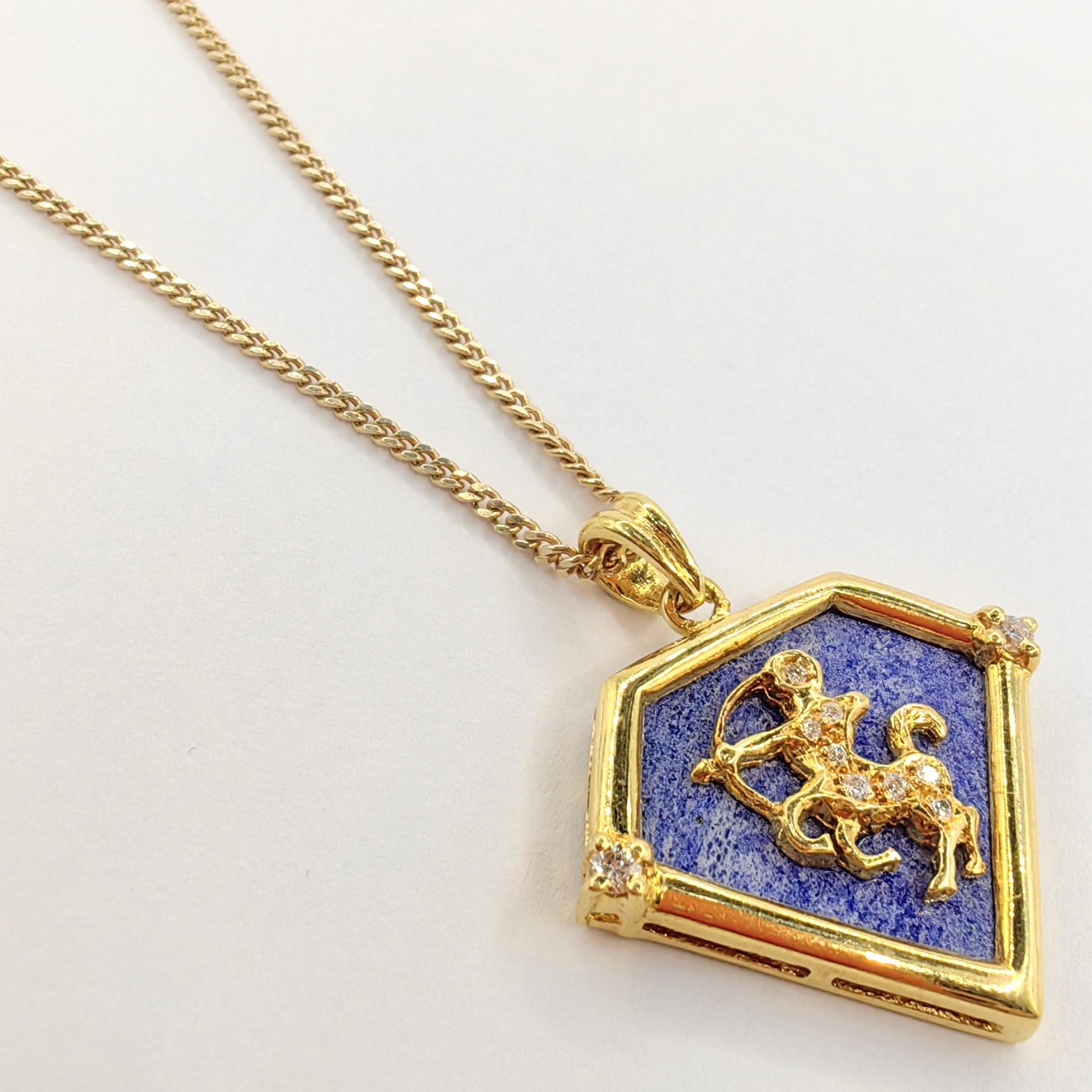 Round Cut Vintage 90's Sagittarius Blue Lapis Diamond Necklace Pendant in 20K Yellow Gold For Sale