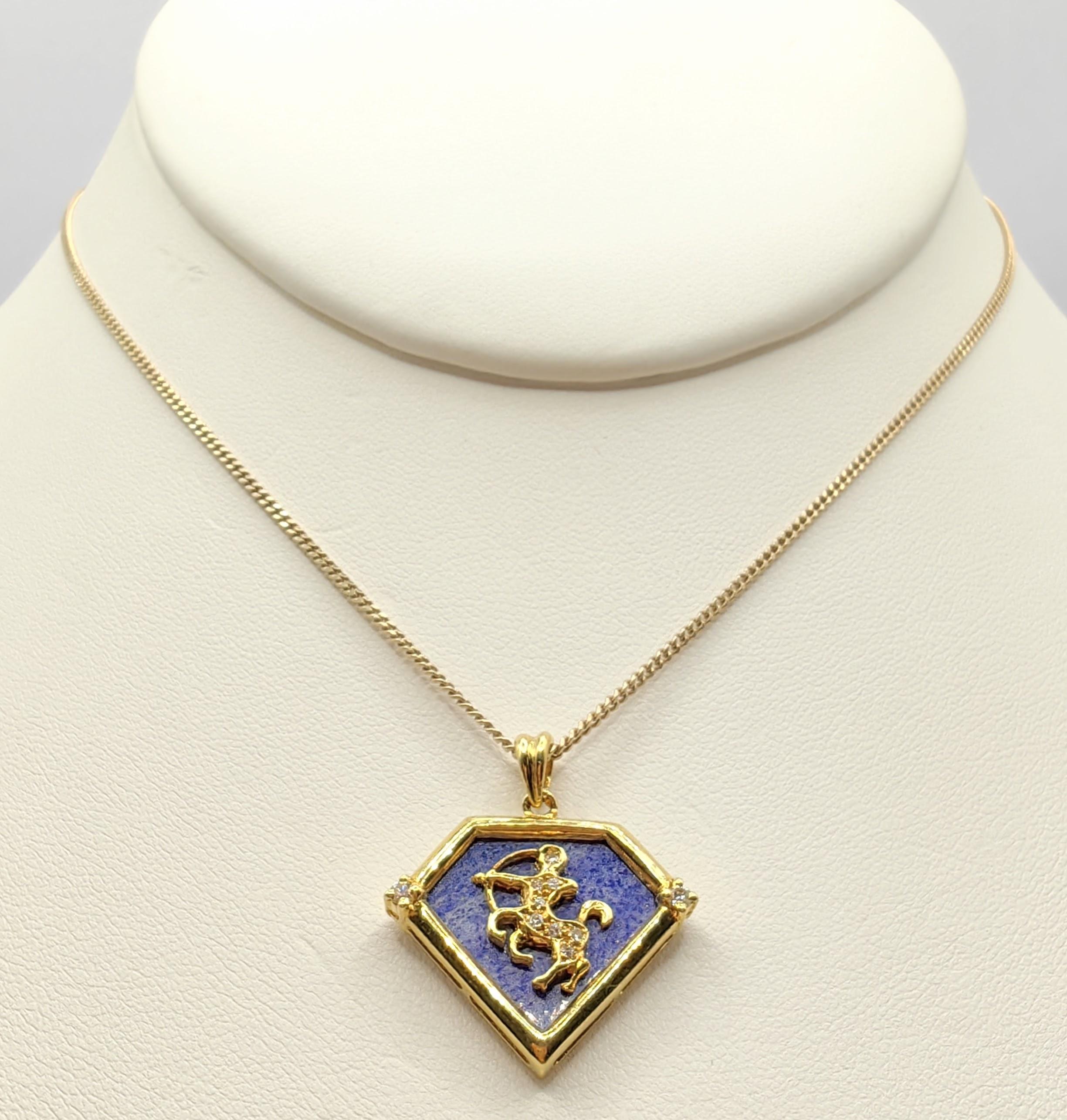 Women's or Men's Vintage 90's Sagittarius Blue Lapis Diamond Necklace Pendant in 20K Yellow Gold For Sale