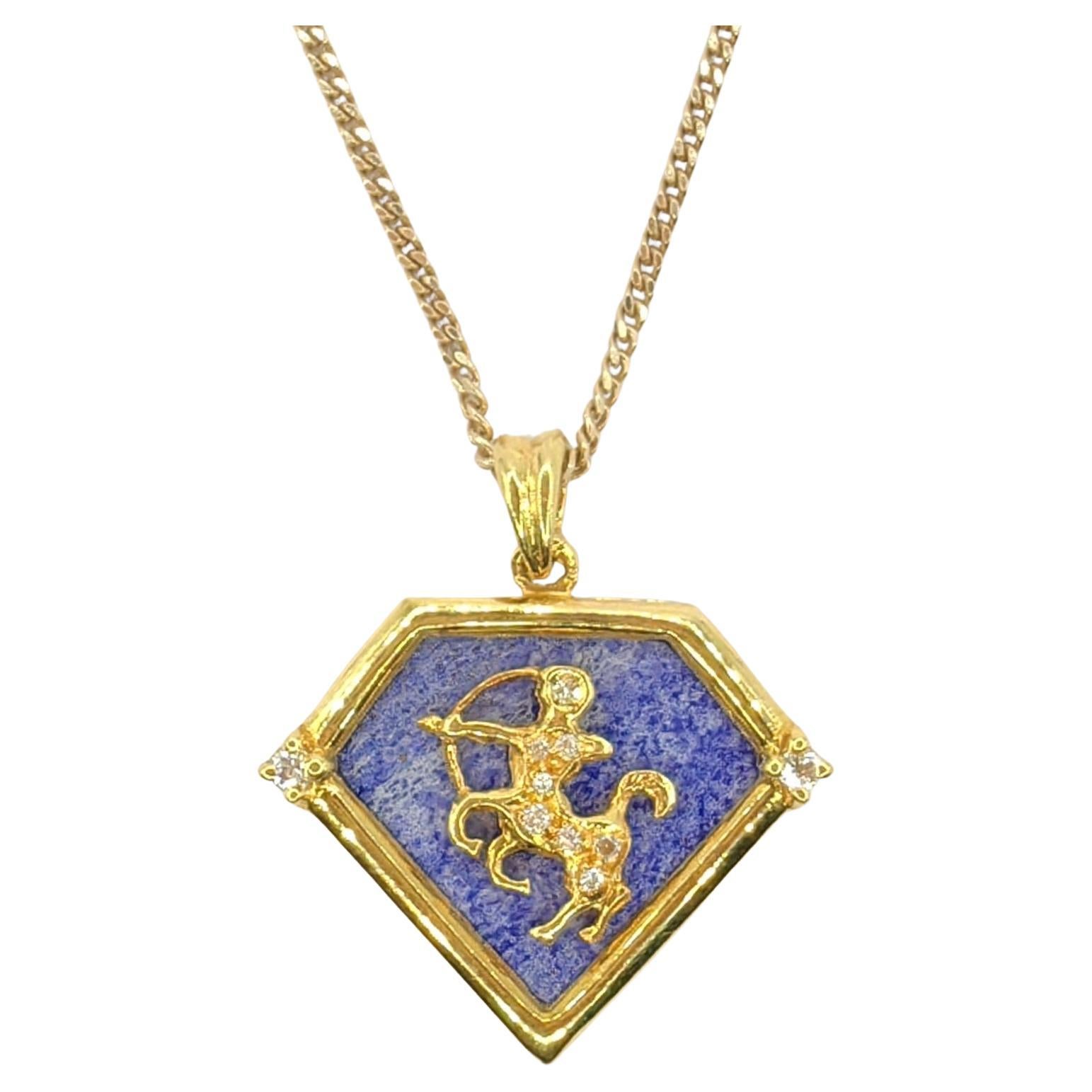 Vintage 90's Sagittarius Blue Lapis Diamond Necklace Pendant in 20K Yellow Gold