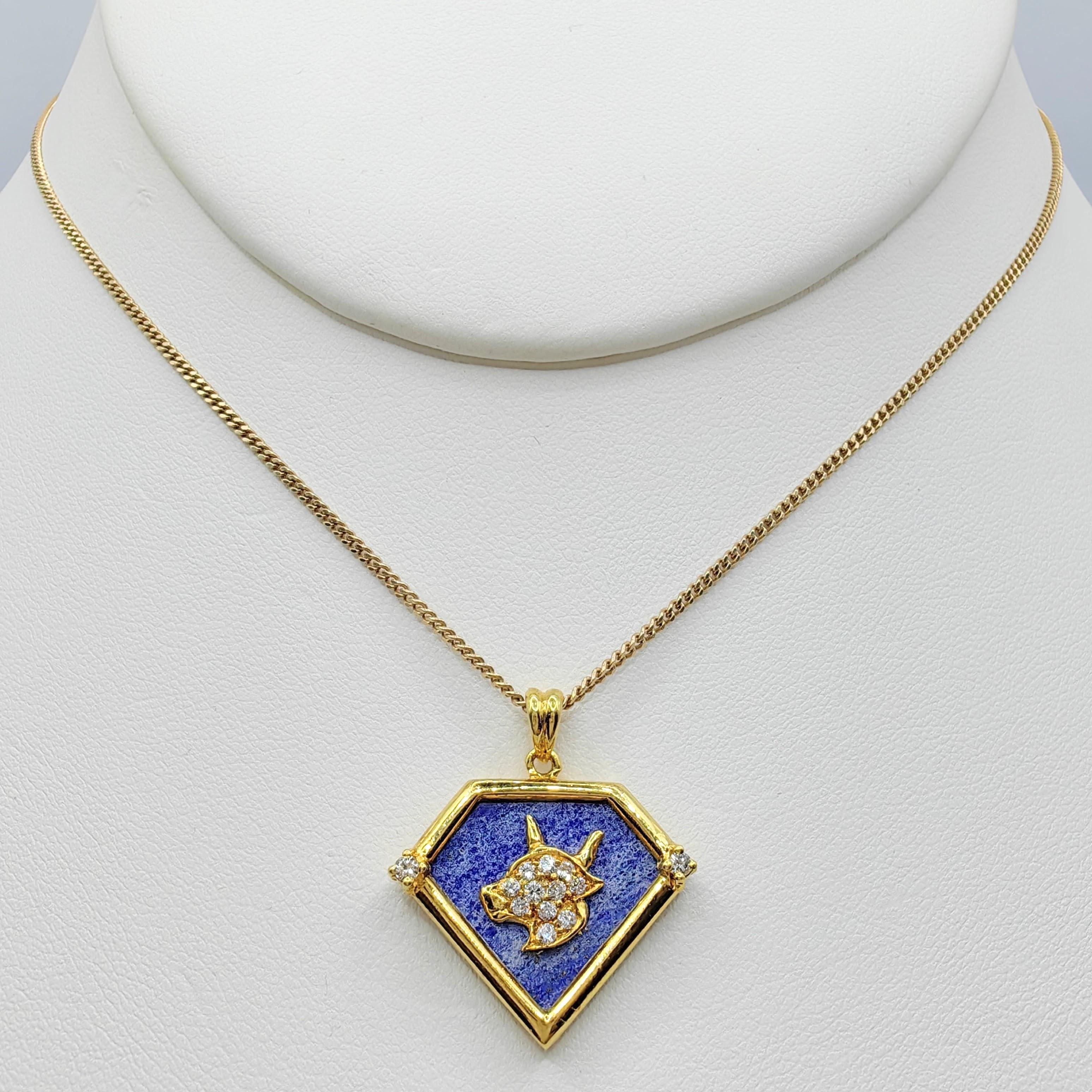 Women's or Men's Vintage 90's Taurus Blue Lapis Diamond Necklace Pendant in 20K Yellow Gold