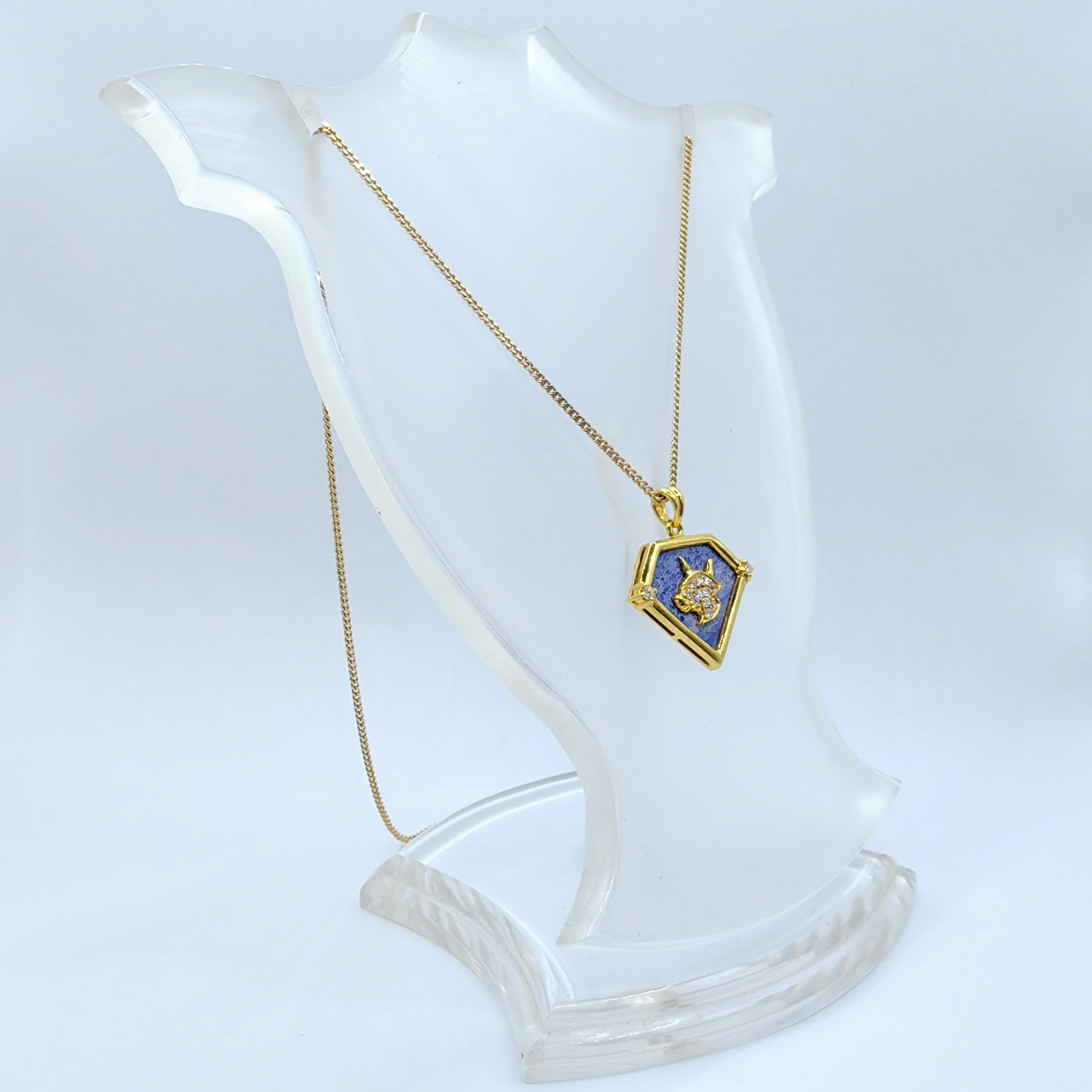 Vintage 90's Taurus Blue Lapis Diamond Necklace Pendant in 20K Yellow Gold 1