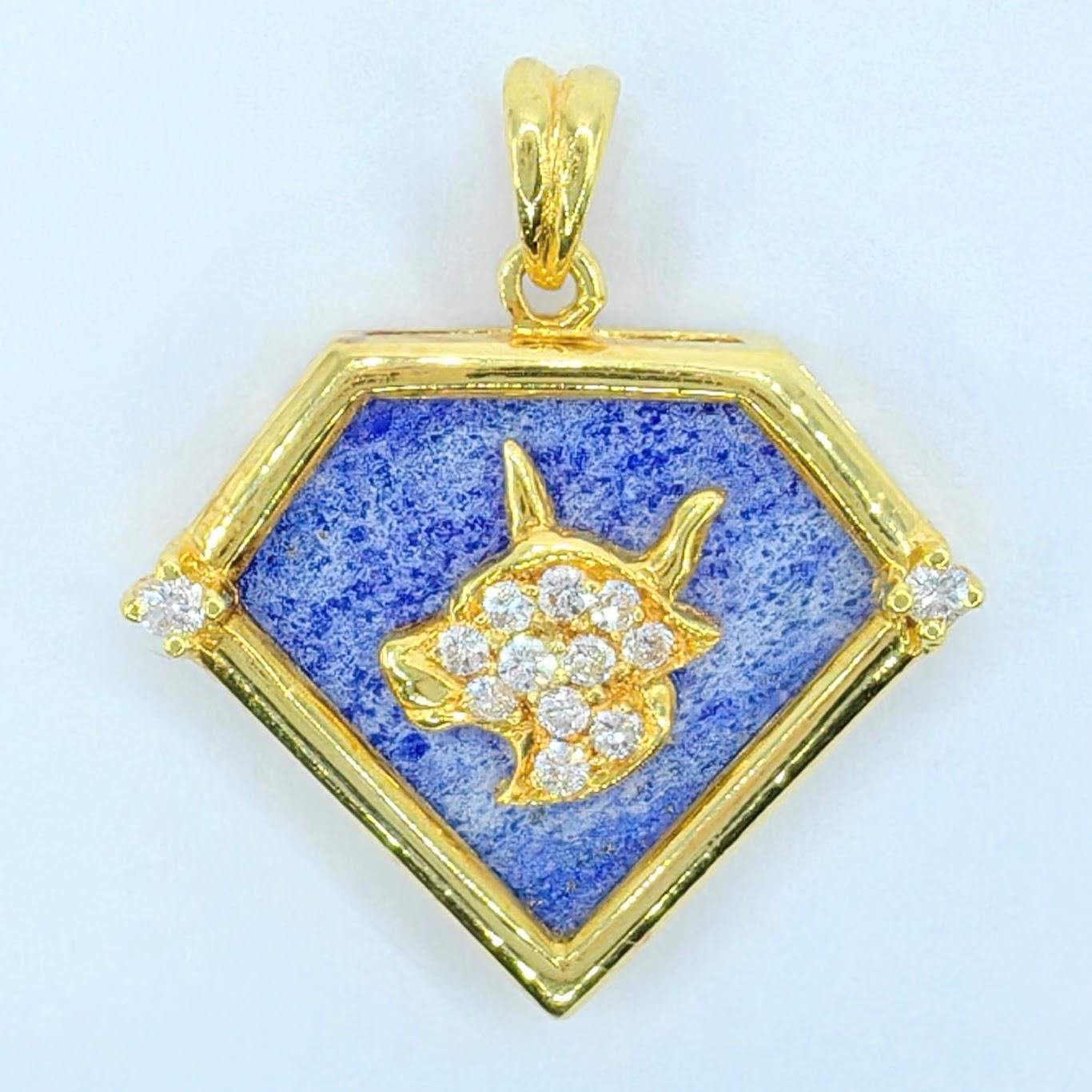 Introducing the Vintage 90's Taurus Blue Lapis Diamond Necklace Pendant in 20K Yellow Gold. This pendant is a true embodiment of celestial beauty and timeless elegance.

At the heart of this pendant lies a beautifully crafted Taurus zodiac motif in