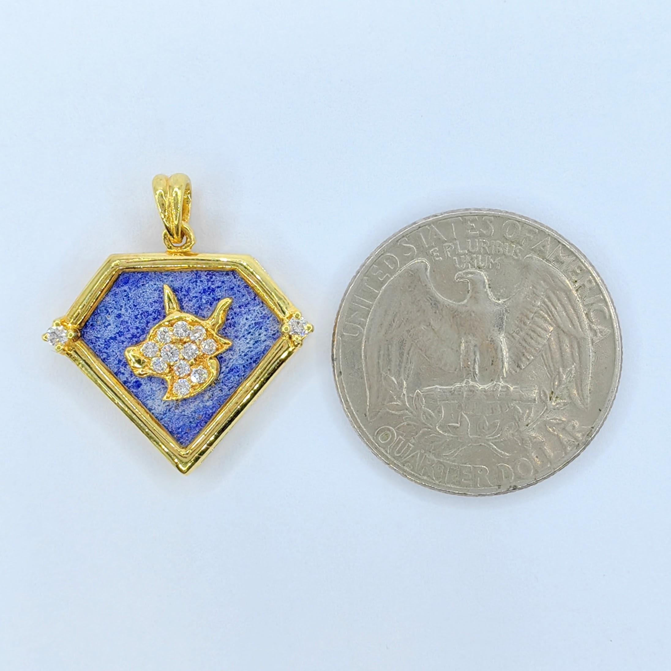 Vintage 90's Taurus Blue Lapis Diamond Necklace Pendant in 20K Yellow Gold 2