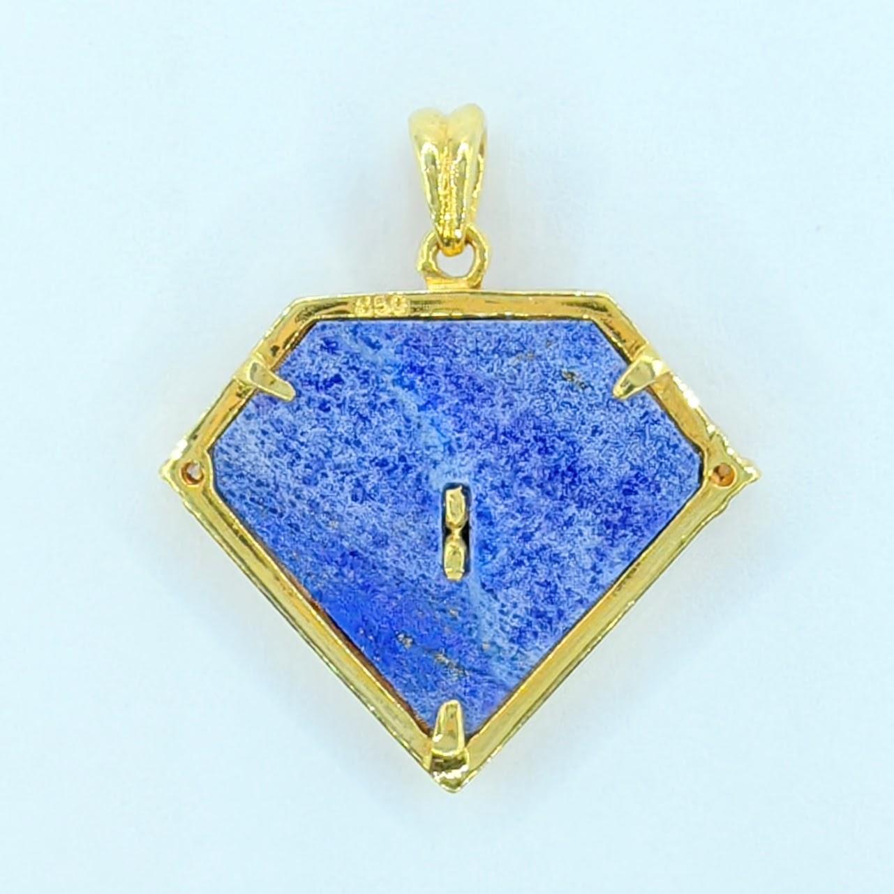 Contemporary Vintage 90's Taurus Blue Lapis Diamond Necklace Pendant in 20K Yellow Gold