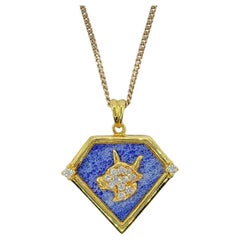 Retro 90's Taurus Blue Lapis Diamond Necklace Pendant in 20K Yellow Gold