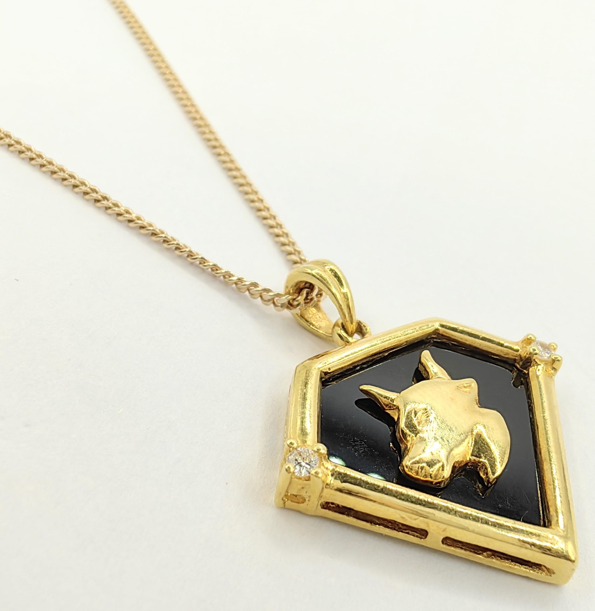 Round Cut Vintage 90's Taurus Onyx Diamond Necklace Pendant in 20K Yellow Gold