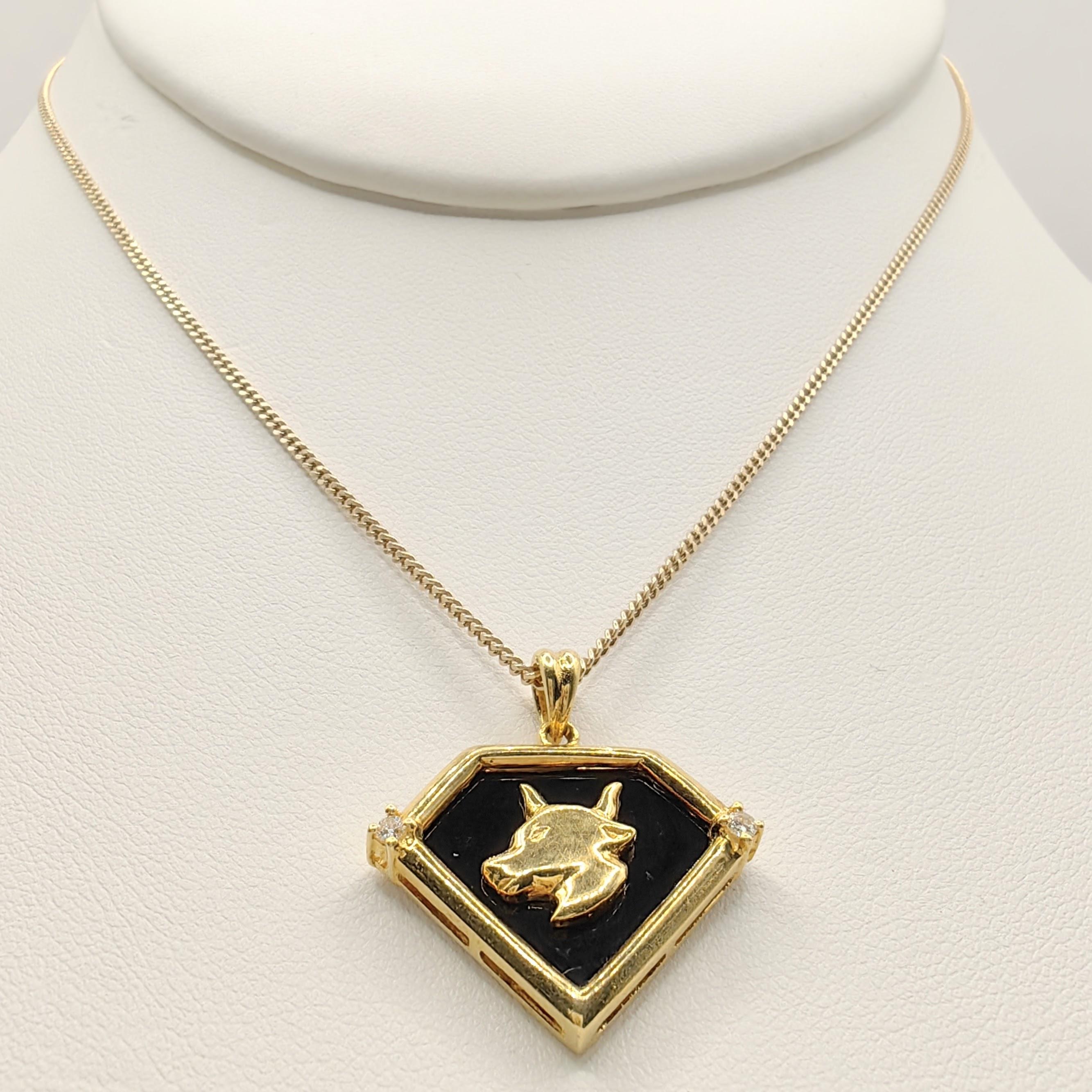 Women's or Men's Vintage 90's Taurus Onyx Diamond Necklace Pendant in 20K Yellow Gold