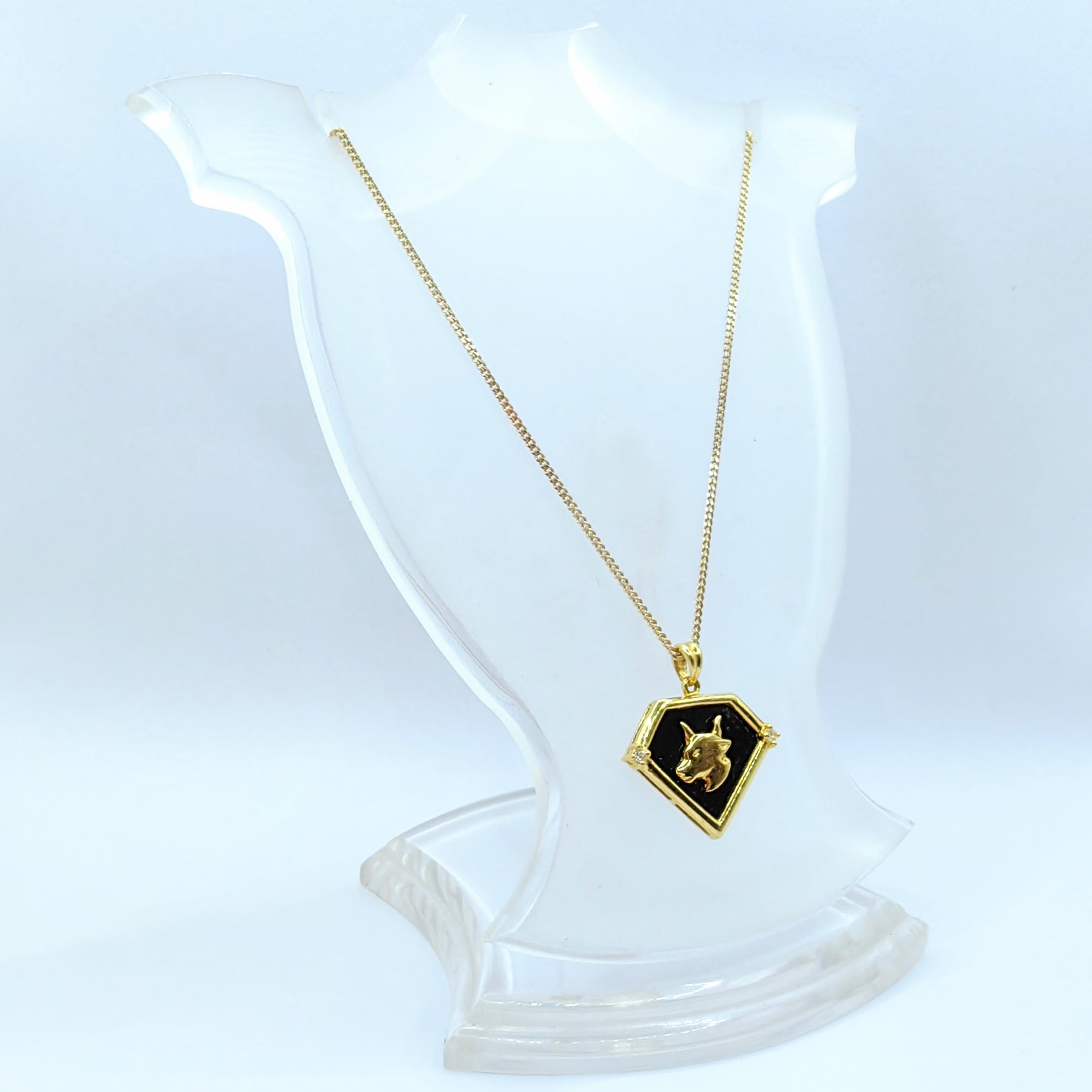 Vintage 90's Taurus Onyx Diamond Necklace Pendant in 20K Yellow Gold 1