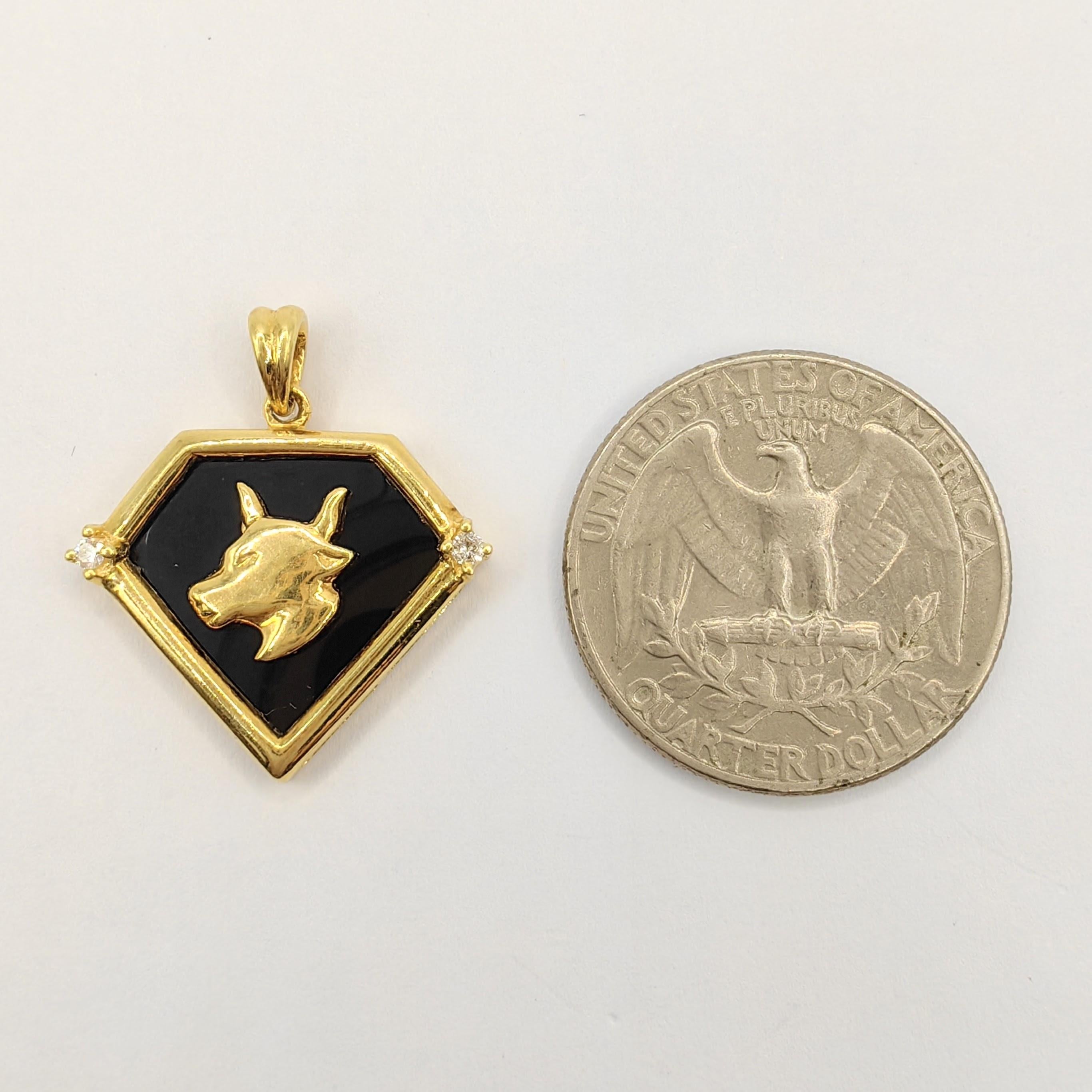 Vintage 90's Taurus Onyx Diamond Necklace Pendant in 20K Yellow Gold 1