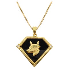 Retro 90's Taurus Onyx Diamond Necklace Pendant in 20K Yellow Gold