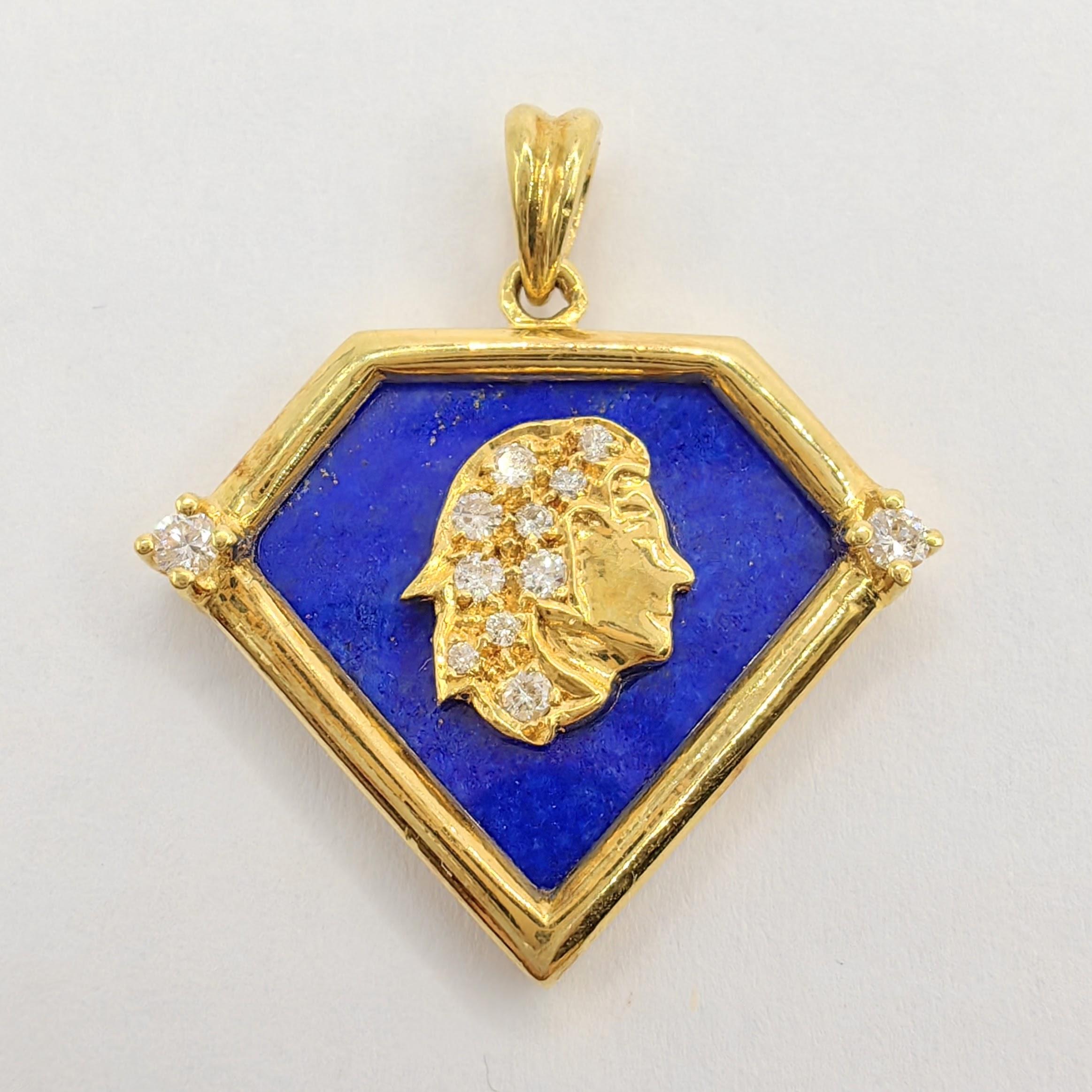 Introducing the Vintage 90's Virgo Blue Lapis Diamond Necklace Pendant in 20K Yellow Gold. This pendant is a true embodiment of celestial beauty and timeless elegance.

At the heart of this pendant lies a beautifully crafted Virgo zodiac motif in