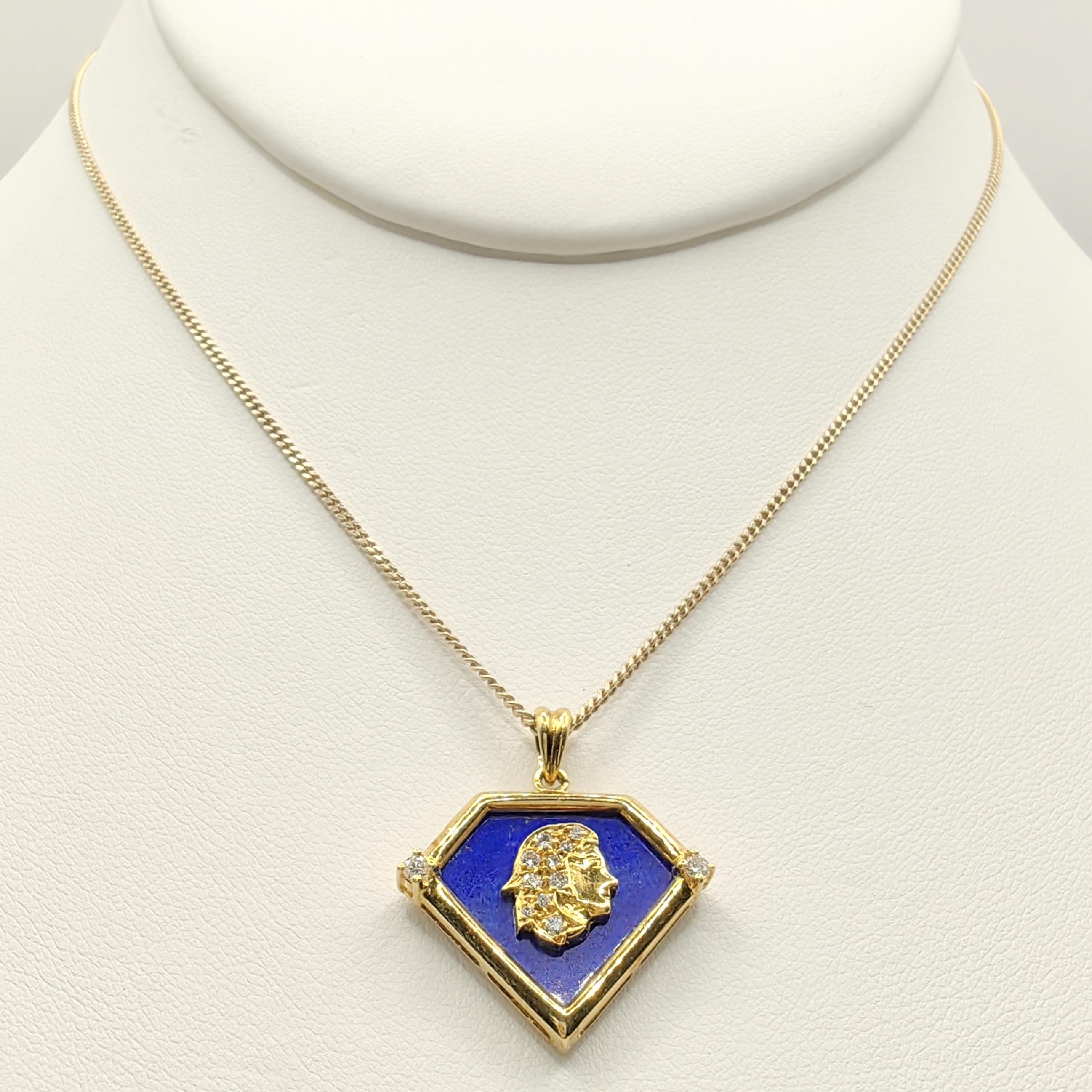 Women's or Men's Vintage 90's Virgo Blue Lapis Diamond Necklace Pendant in 20K Yellow Gold For Sale