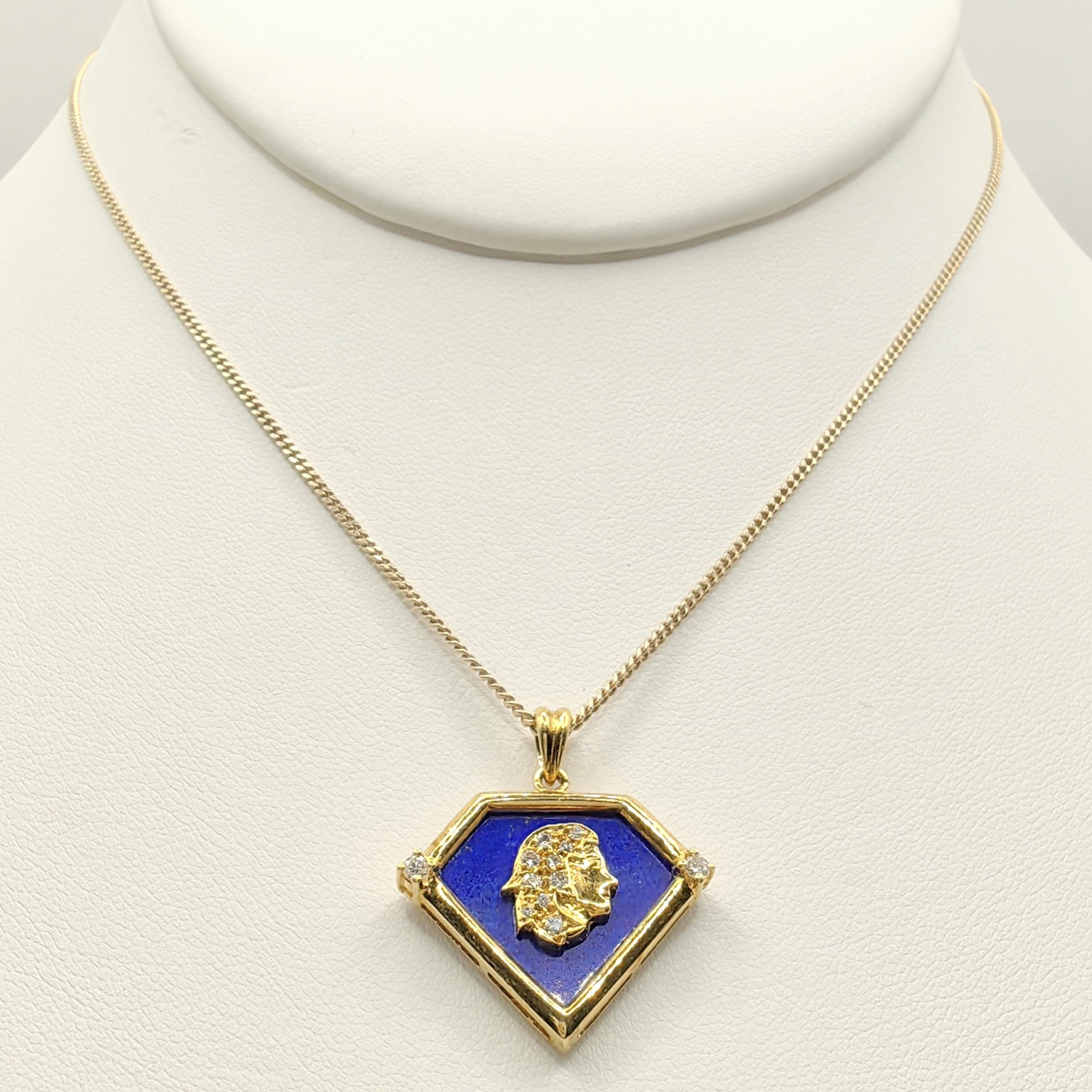 Women's or Men's Vintage 90's Virgo Blue Lapis Diamond Necklace Pendant in 20K Yellow Gold For Sale