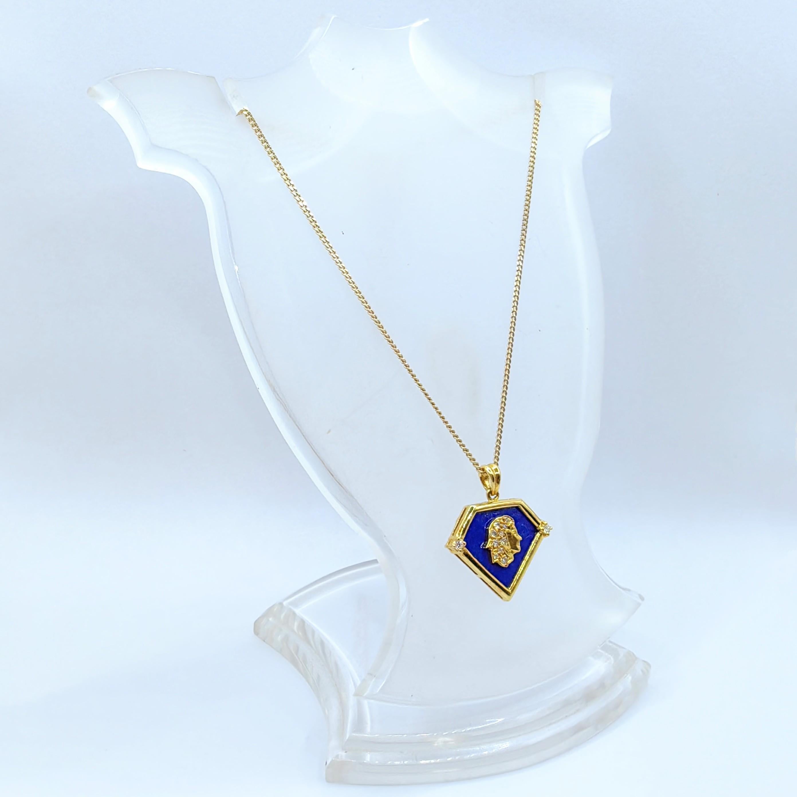 Vintage 90's Virgo Blue Lapis Diamond Necklace Pendant in 20K Yellow Gold For Sale 1