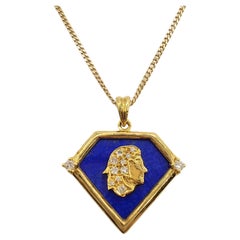 Collier pendentif vintage en or jaune 20 carats, lapis bleu virgo et diamants, années 90