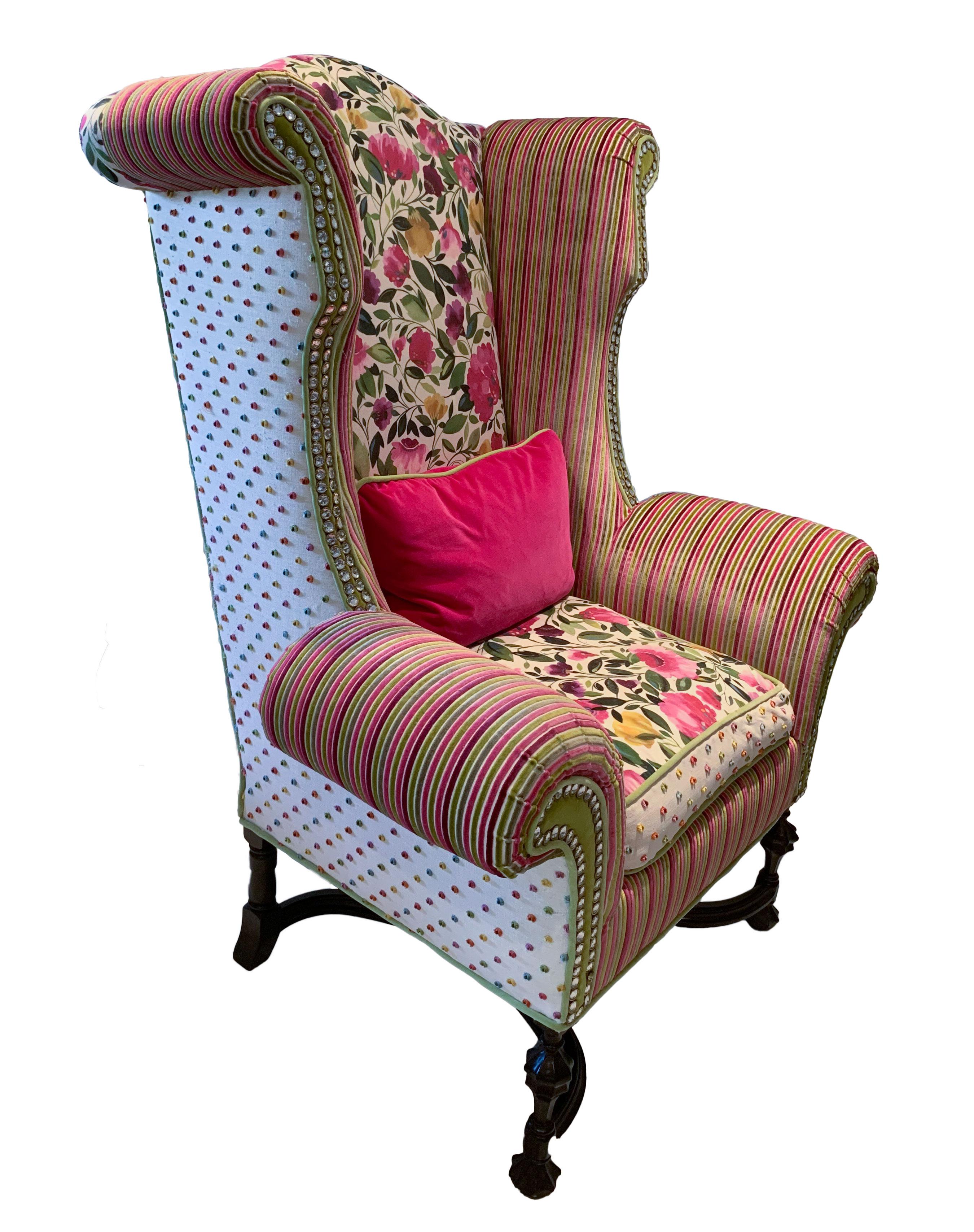 Bohemian Vintage 90s William & Mary Style Monumental Wingback Armchair with Rolled Arms  For Sale