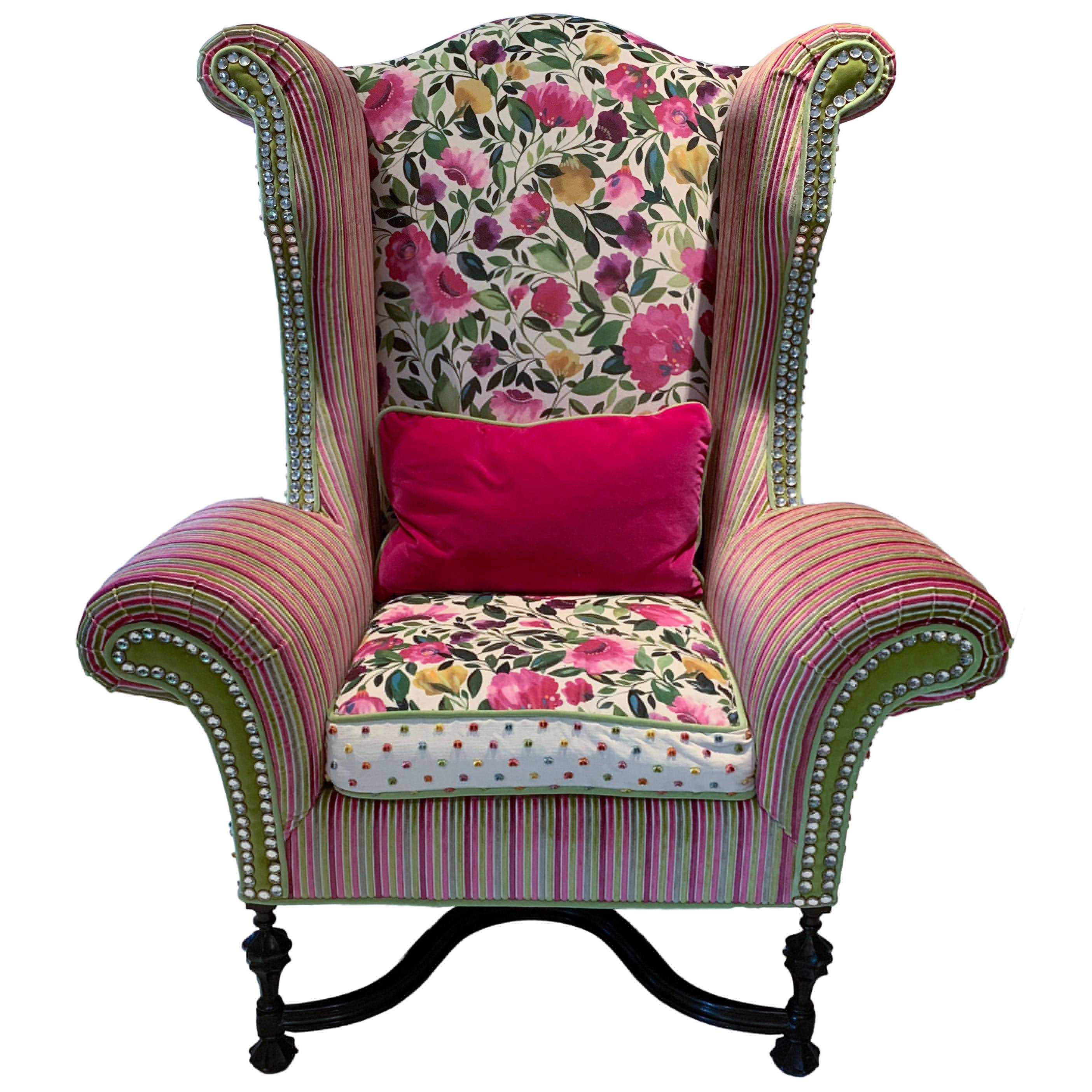 Vintage 90s William & Mary Style Monumental Wingback Armchair with Rolled Arms  For Sale