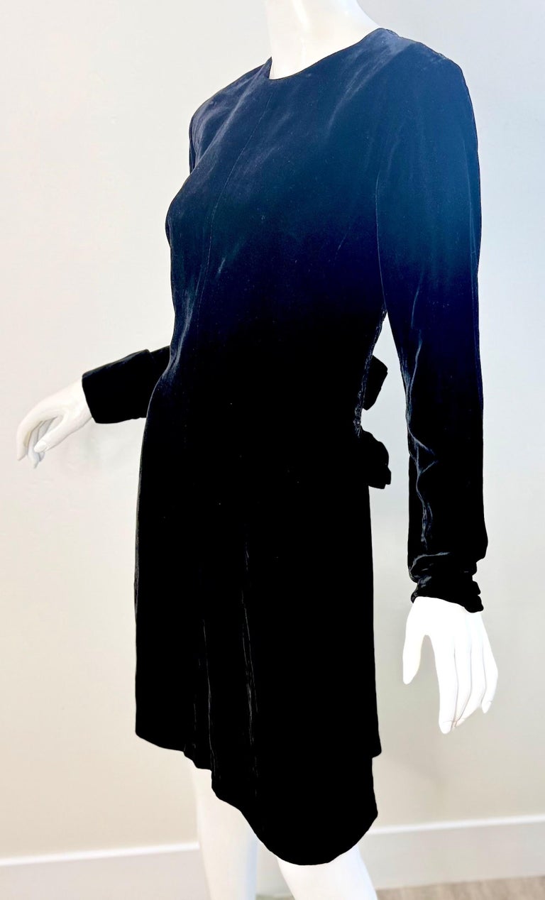 Vintage 90s Yves Saint Laurent Black Silk Velvet Lace Bow Cocktail Dress  YSL LBD For Sale at 1stDibs