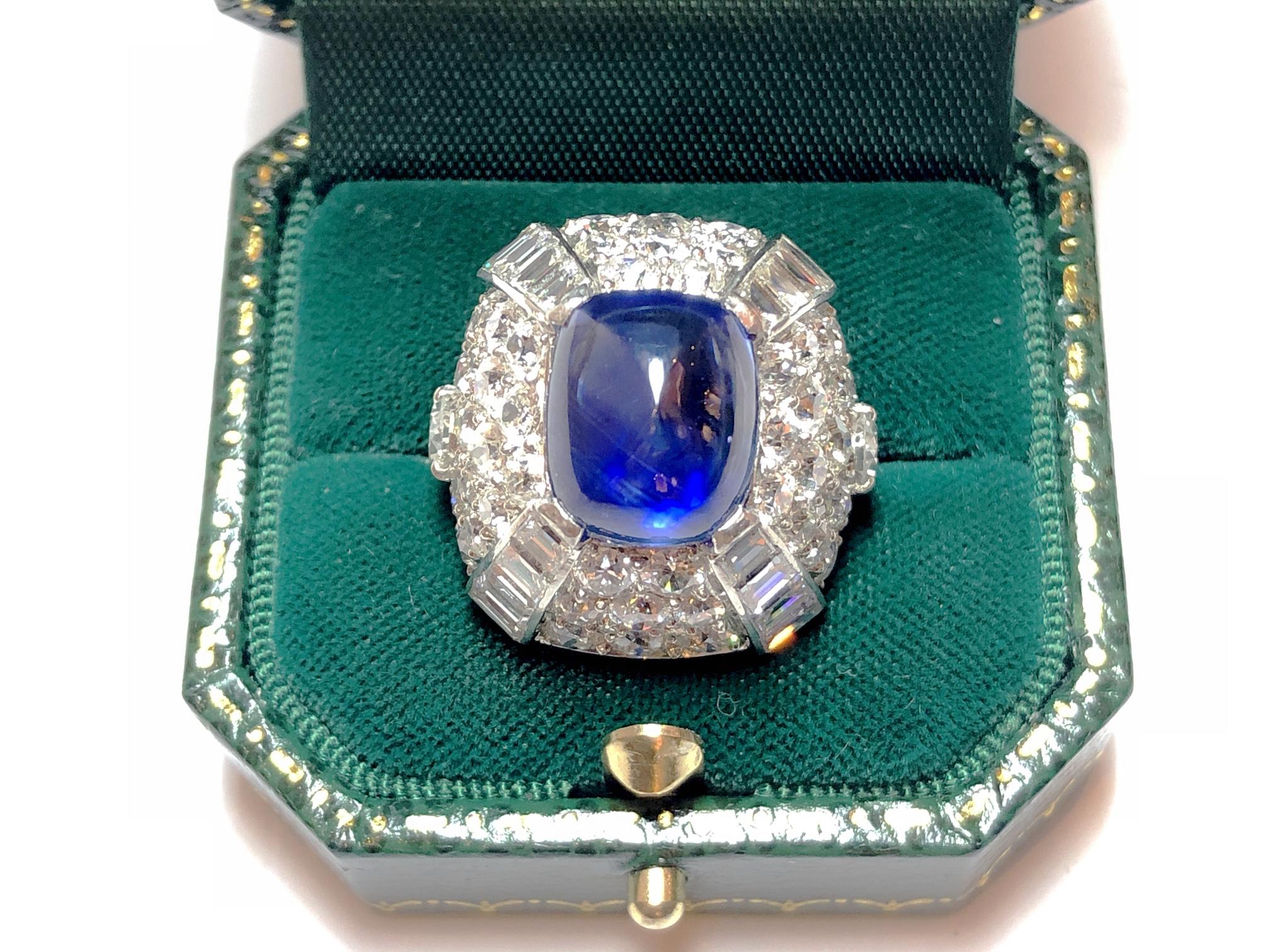 Vintage 9.10 Carat Sapphire, Diamond and Platinum Bombe Ring, circa 1960 2