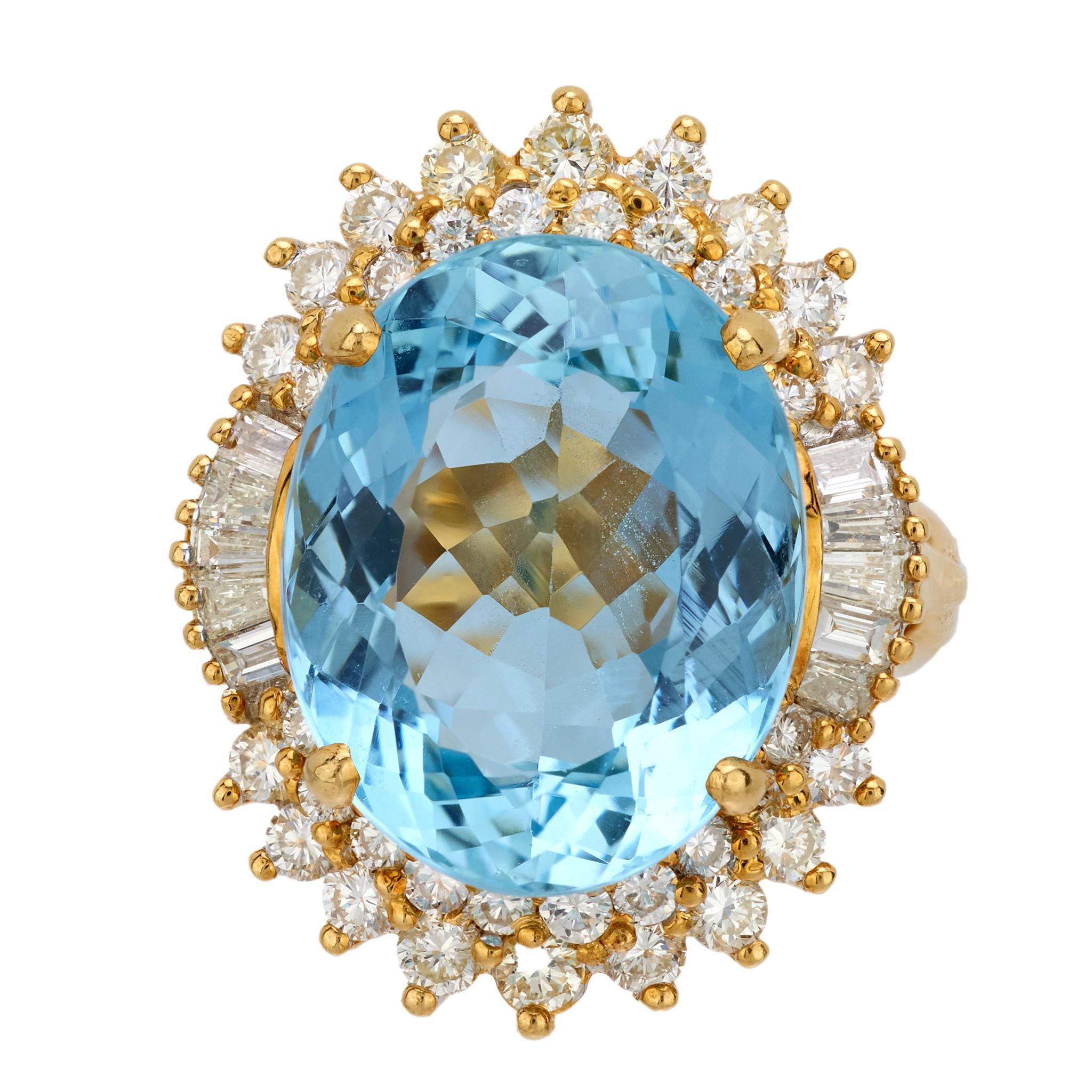 Moderne Bague cocktail vintage en or jaune 18 carats, diamants et aigue-marine de 9,15 carats en vente